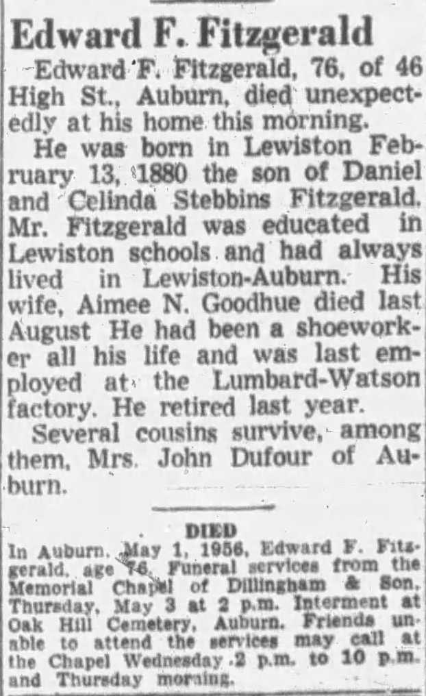 Obituary in Lewiston Evening Journal, 1 May 1956
