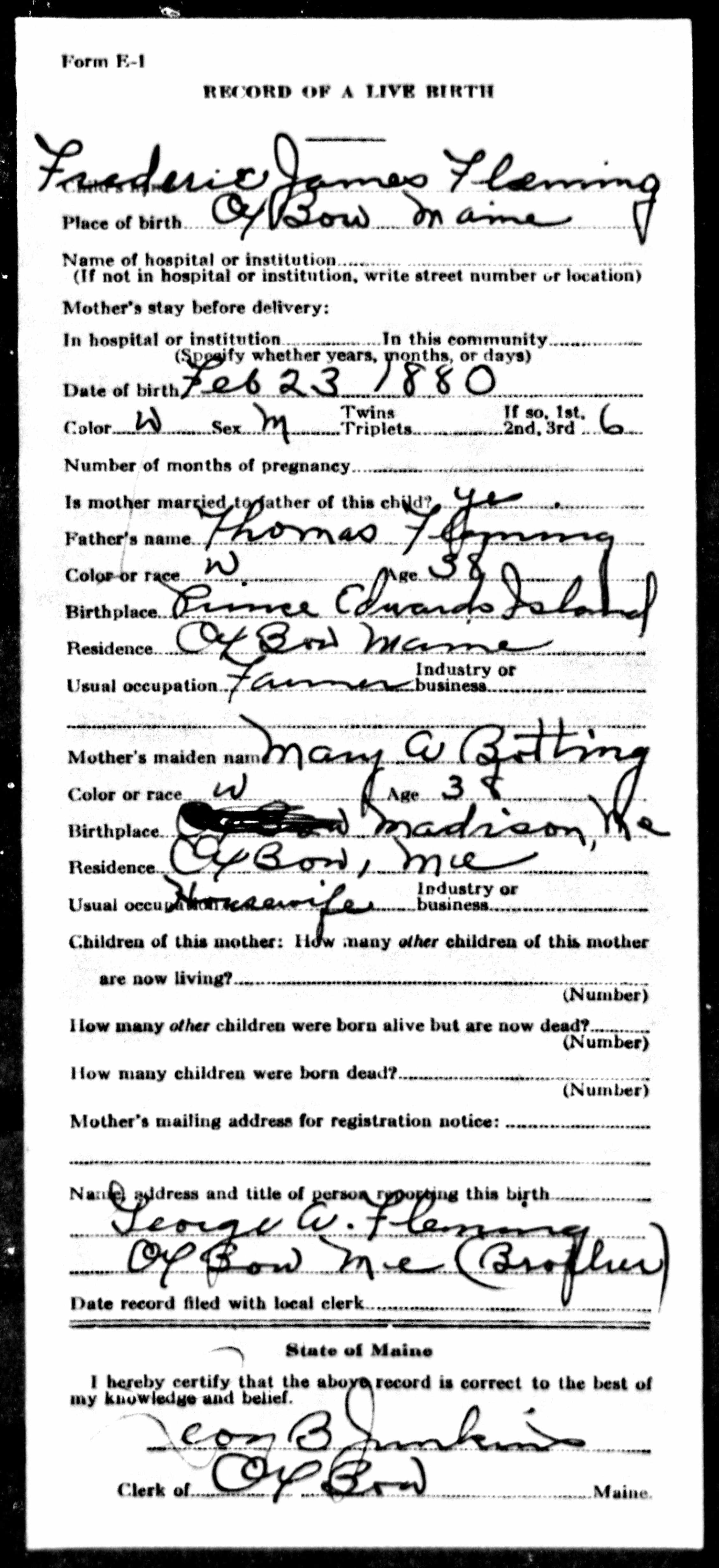 Birth Record — Frederic James Fleming Birth Record — Frederic James Fleming