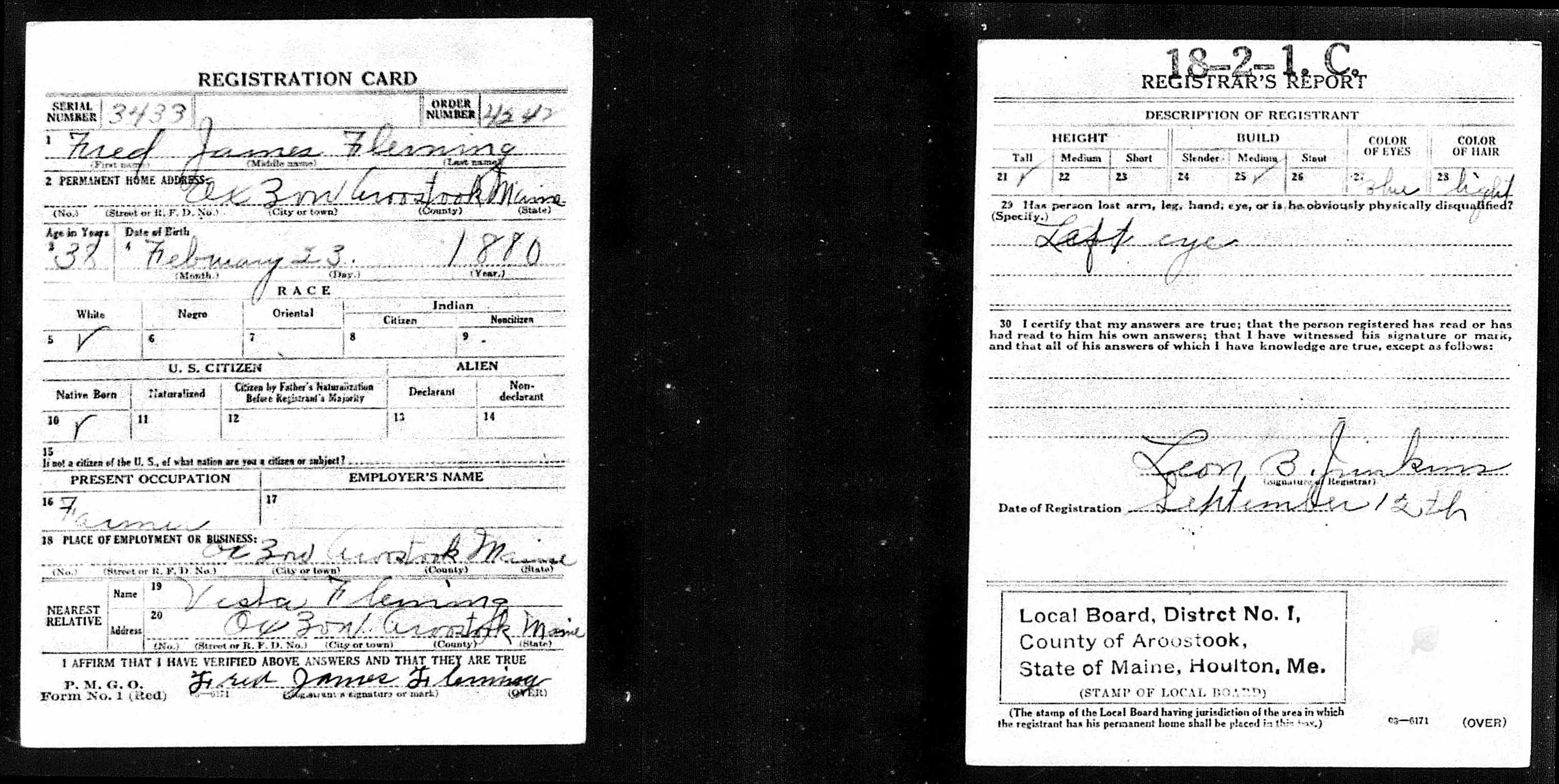 Draft Registration Card — Fred James Fleming Draft Registration Card — Fred James Fleming
