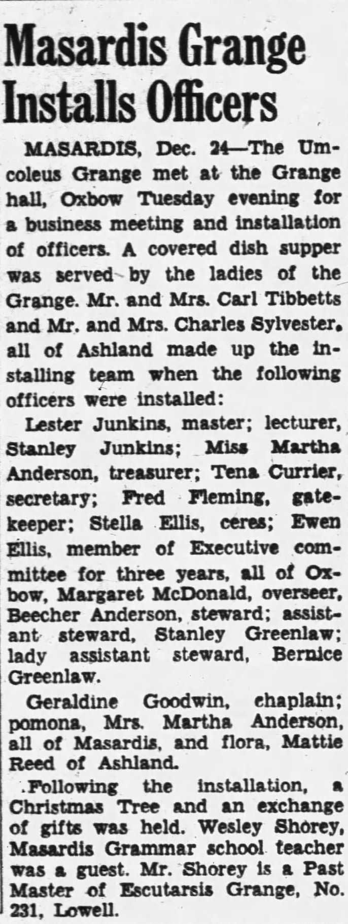 Article from the Bangor Daily News, 25 December 1952 Article from the Bangor Daily News, 25 December 1952
