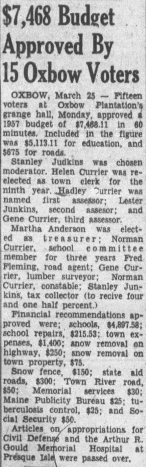 Article from the Bangor Daily News, 26 March 1957 Article from the Bangor Daily News, 26 March 1957