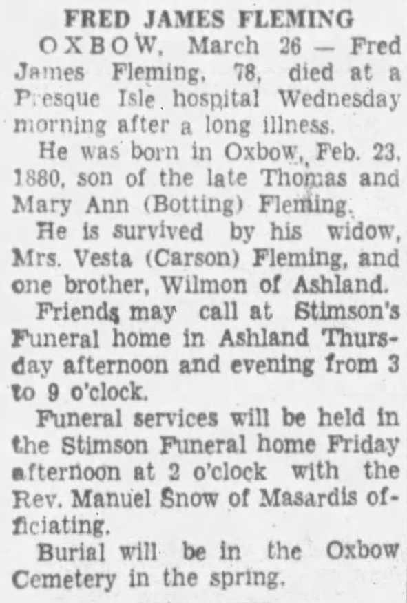 Obituary from the Bangor Daily News, 27 March 1958 Obituary from the Bangor Daily News, 27 March 1958