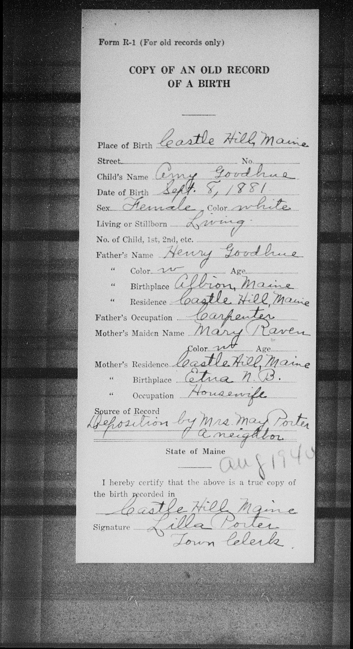 Maine Birth Record — Amy Goodhue