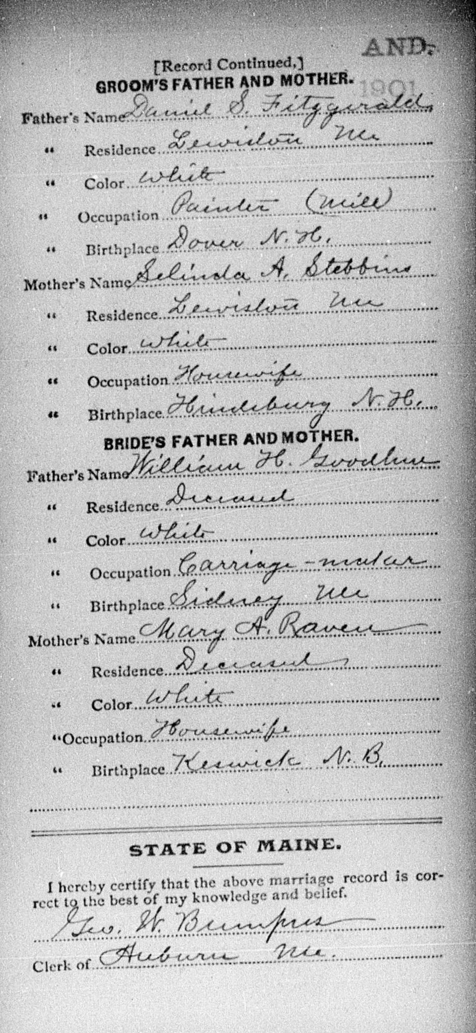 Marriage Record (back) — Edward Franklin Fitzgerald and Aimee Nora Goodhue