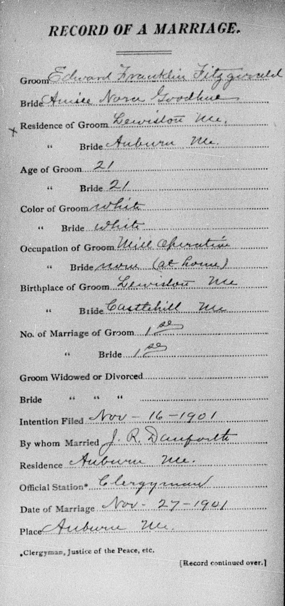 Marriage Record (front) — Edward Franklin Fitzgerald and Aimee Nora Goodhue