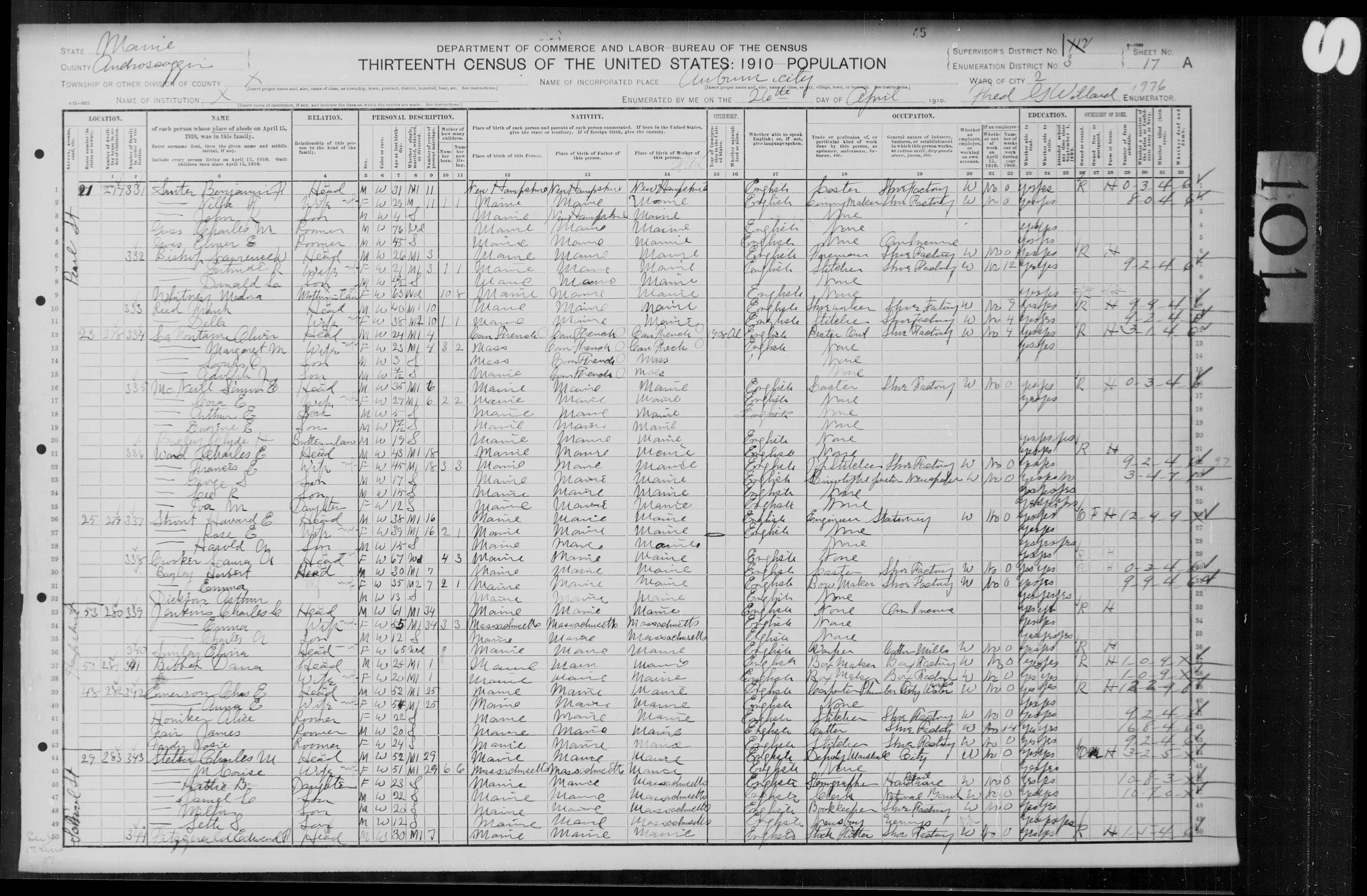 1910 US Census — Auburn, Maine
