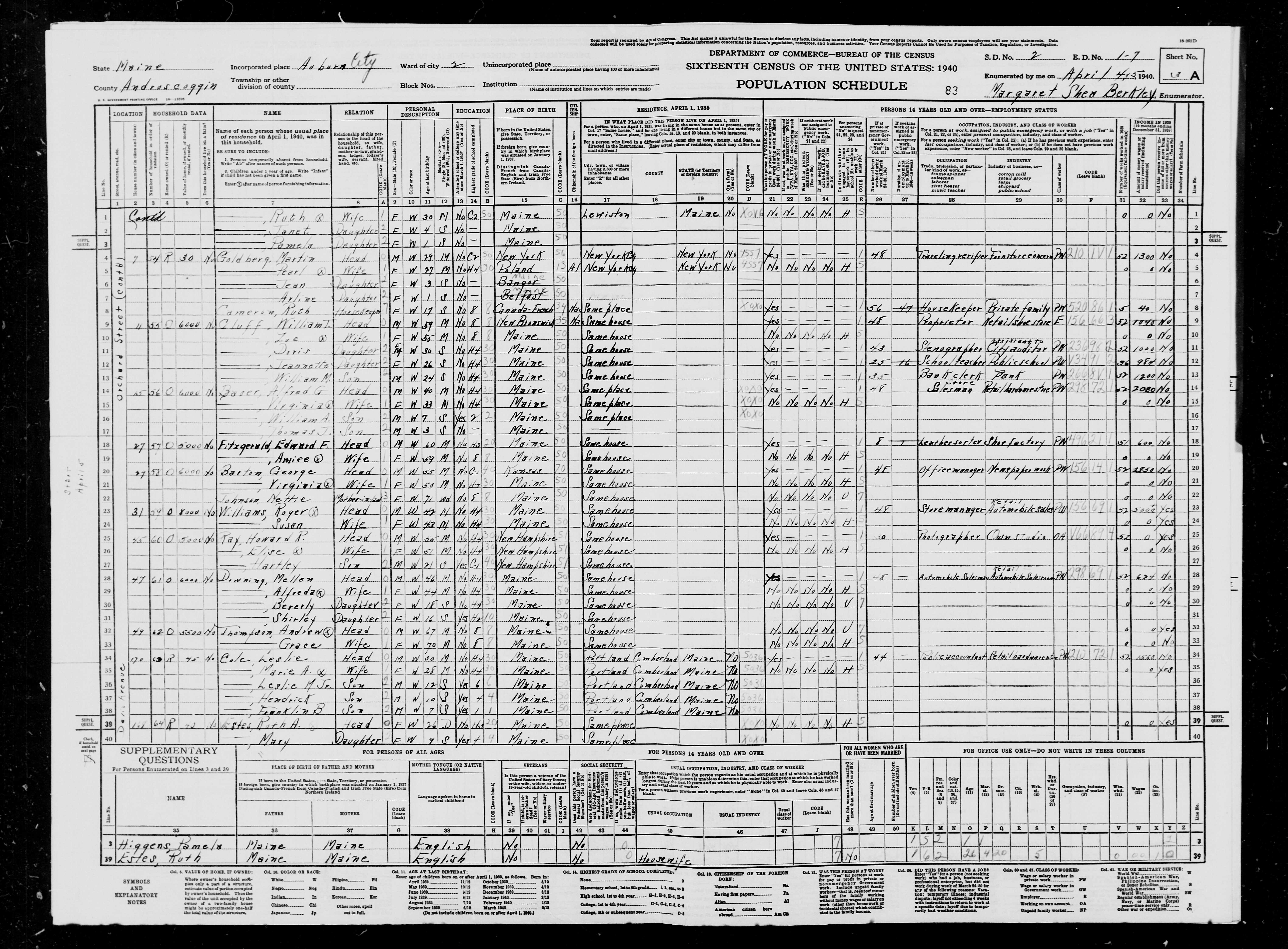 1940 US Census — Auburn, Maine