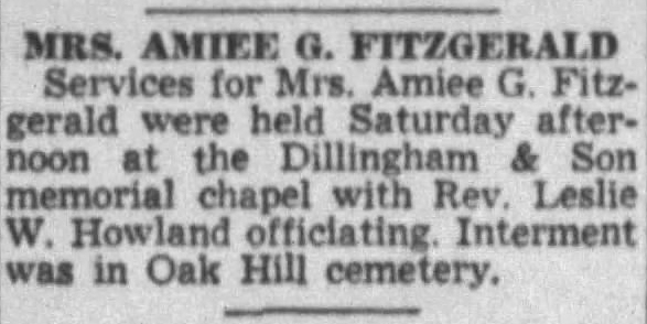 Funeral Notice for Amiee G. Fitzgerald in Lewiston Daily Sun, 22 August 1955