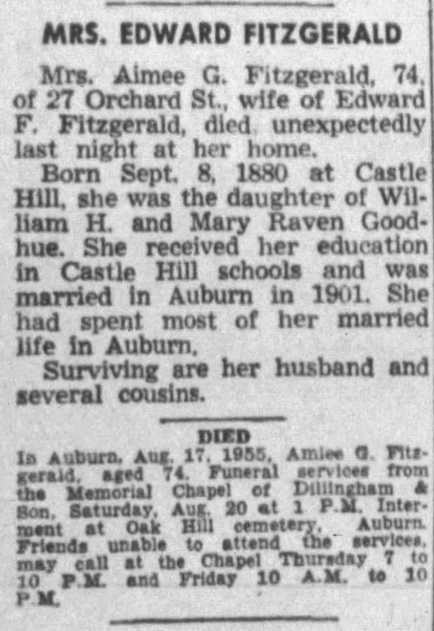 Obituary of Aimee G. Fitzgerald in Lewiston Daily Sun, 18 August 1955