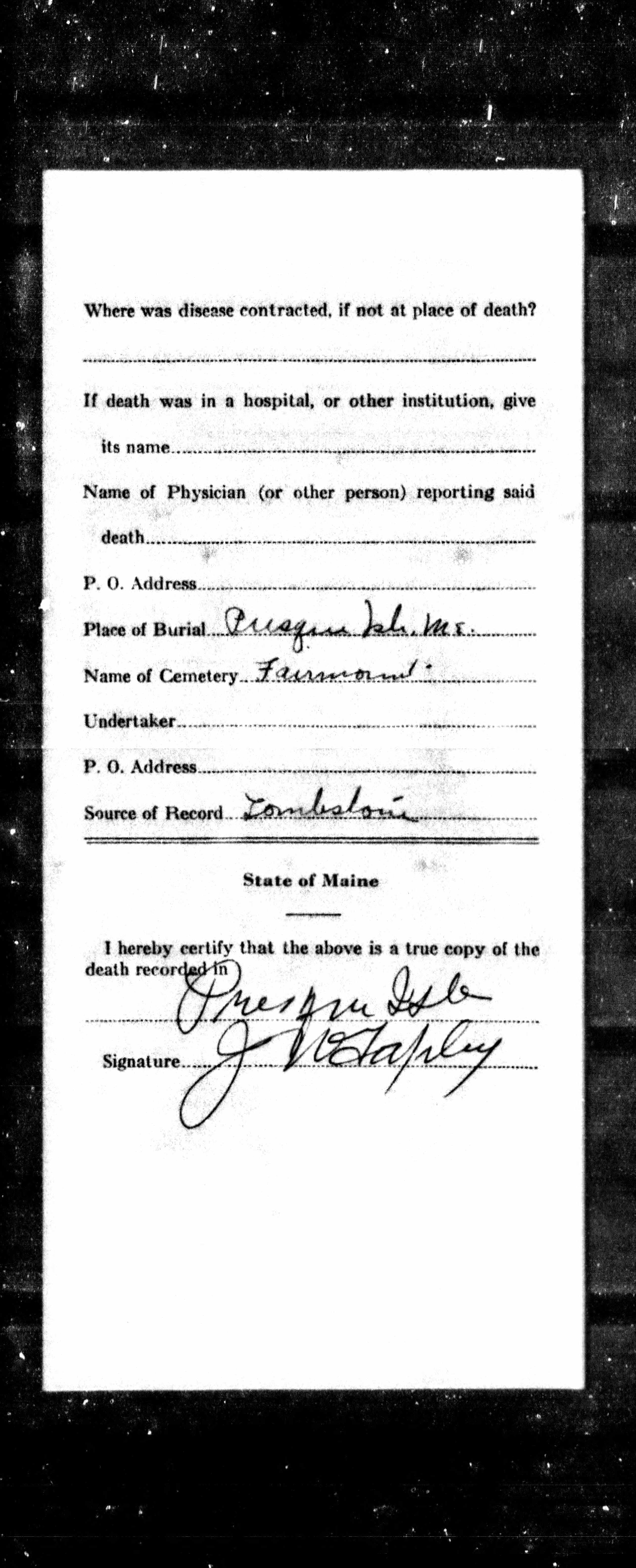 Maine Death Record (back) — Fred B. Goodhue