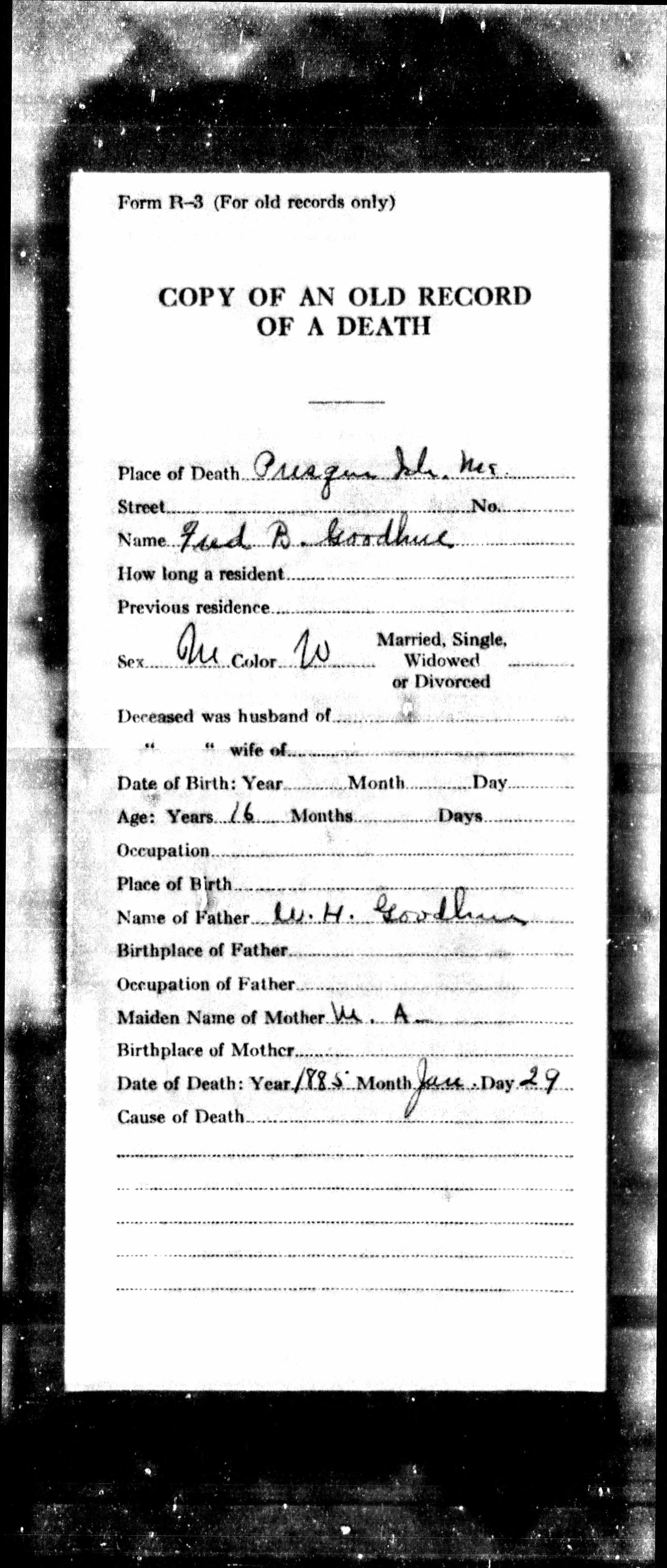 Maine Death Record (front) — Fred B. Goodhue