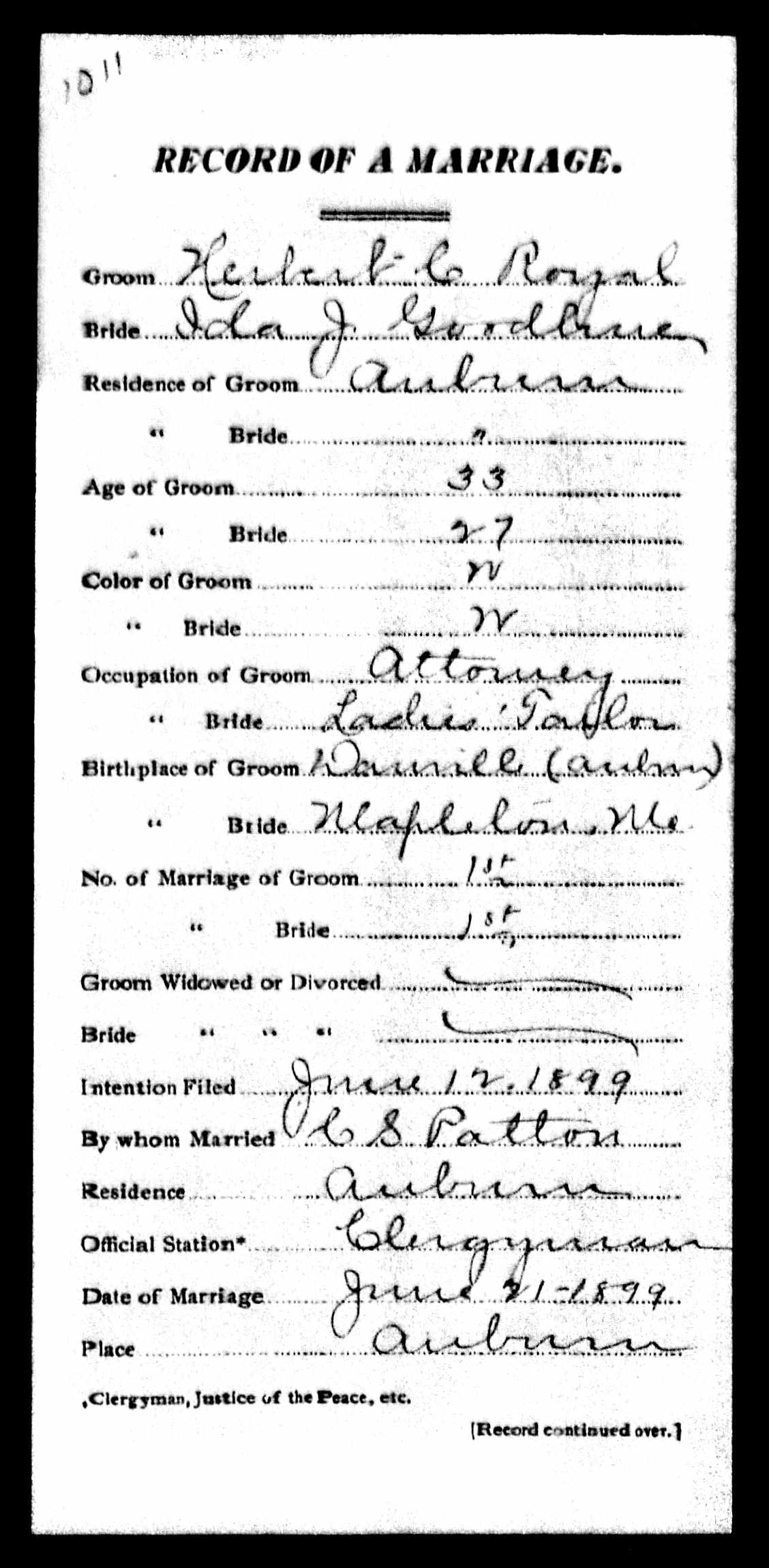Marriage Record — Herbert C. Royal and Ida Jane Goodhue (front)