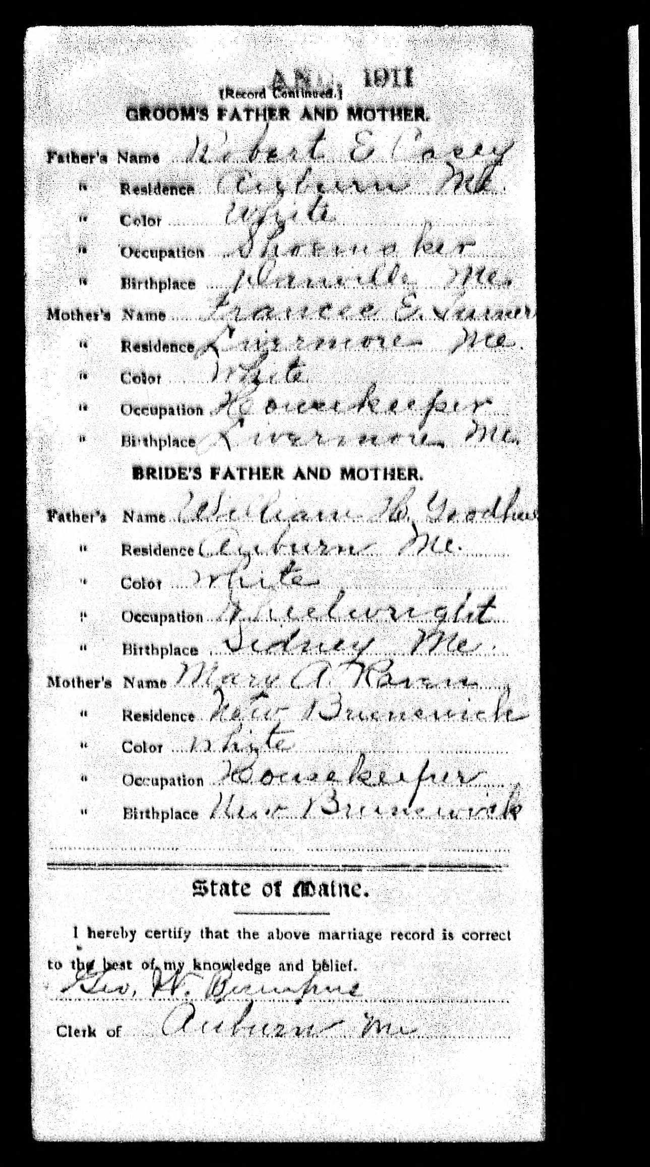 Marriage Record — William W. Casey and Ida Jane Goodhue (back)