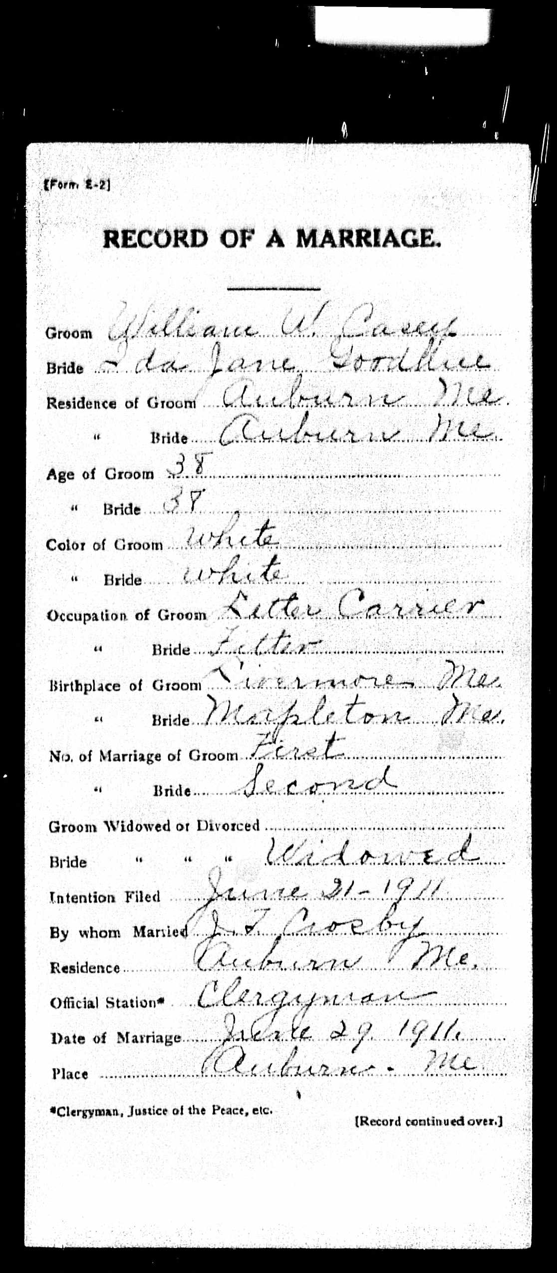 Marriage Record — William W. Casey and Ida Jane Goodhue (front)