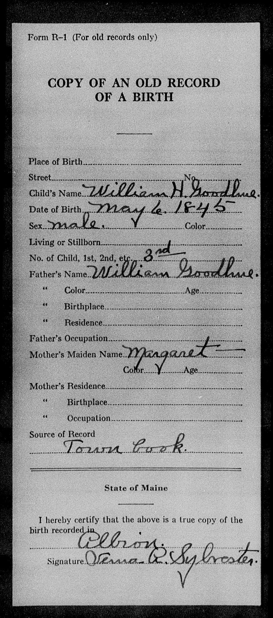 William Henry Goodhue - 1845 Birth Record