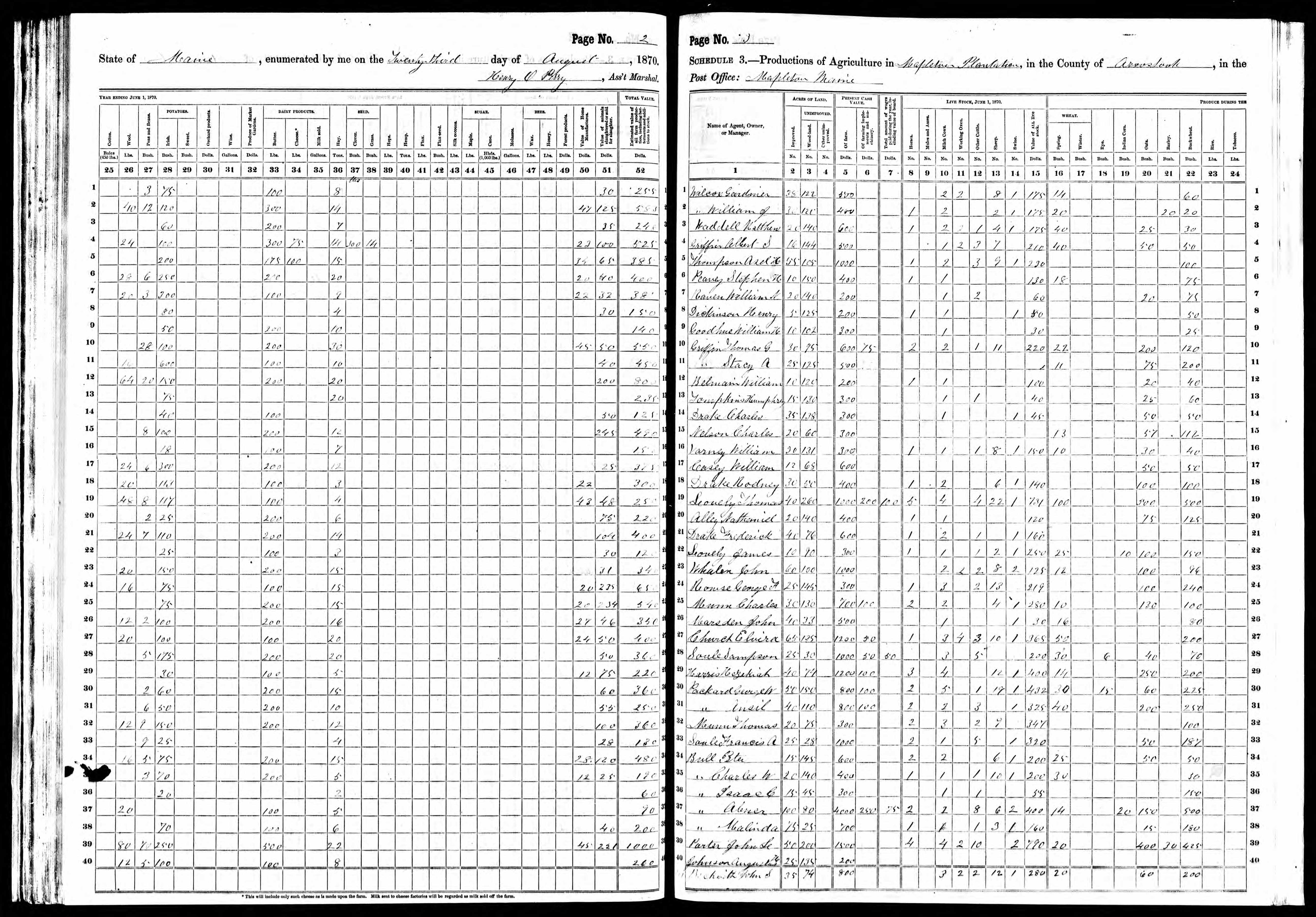 1870 US Census Agricultural Schedule - Mapleton, ME