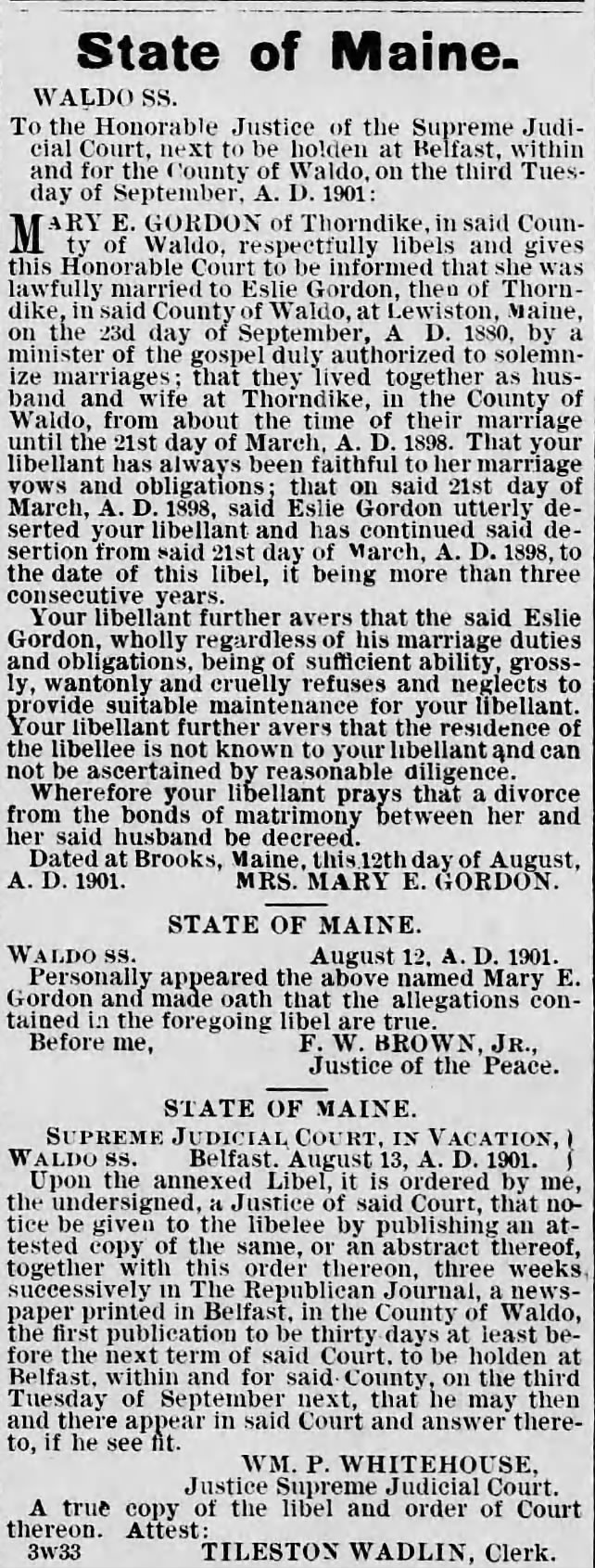Mary Ellen Gordon Divorce Petition — The Republican Journal, 15 August 1901 Mary Ellen Gordon Divorce Petition — The Republican Journal, 15 August 1901
