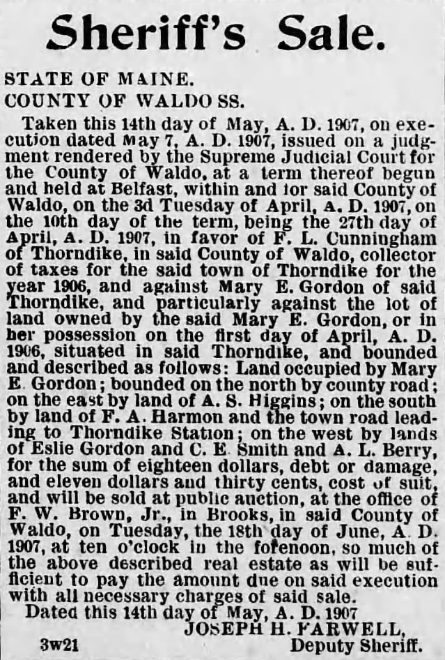 Notice in the Republican Journal, 06 June 1907 Notice in the Republican Journal, 06 June 1907