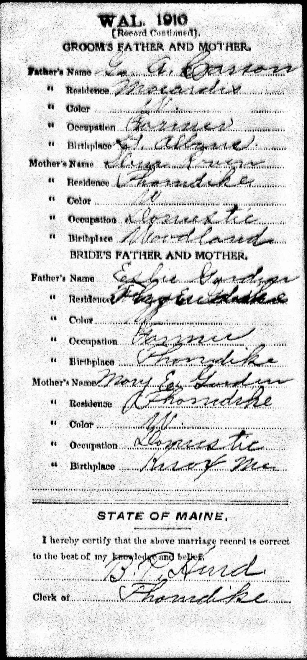 Marriage Record (back) — Geo. H. Carson and Addie Lou Gordon Marriage Record (back) — Geo. H. Carson and Addie Lou Gordon