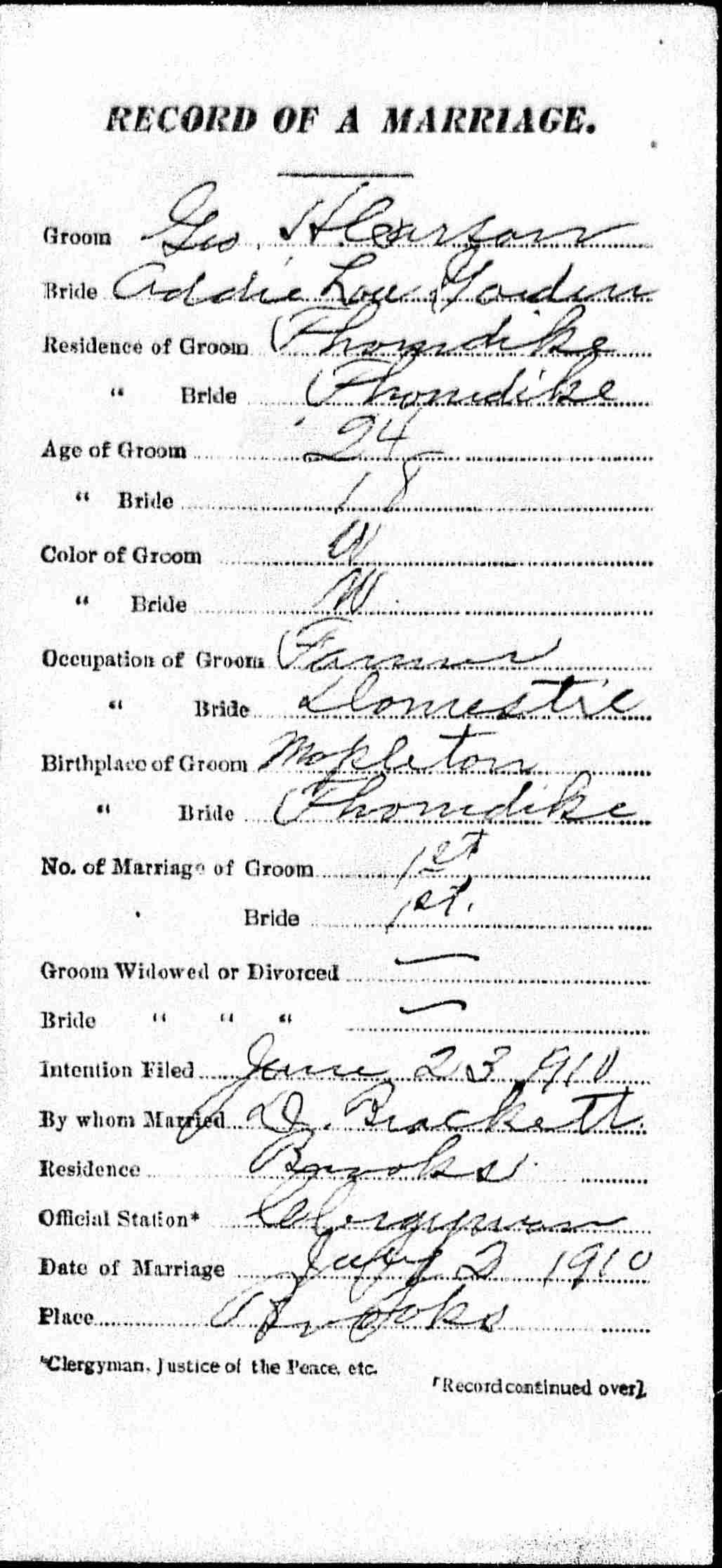 Marriage Record (front) — Geo. H. Carson and Addie Lou Gordon Marriage Record (front) — Geo. H. Carson and Addie Lou Gordon