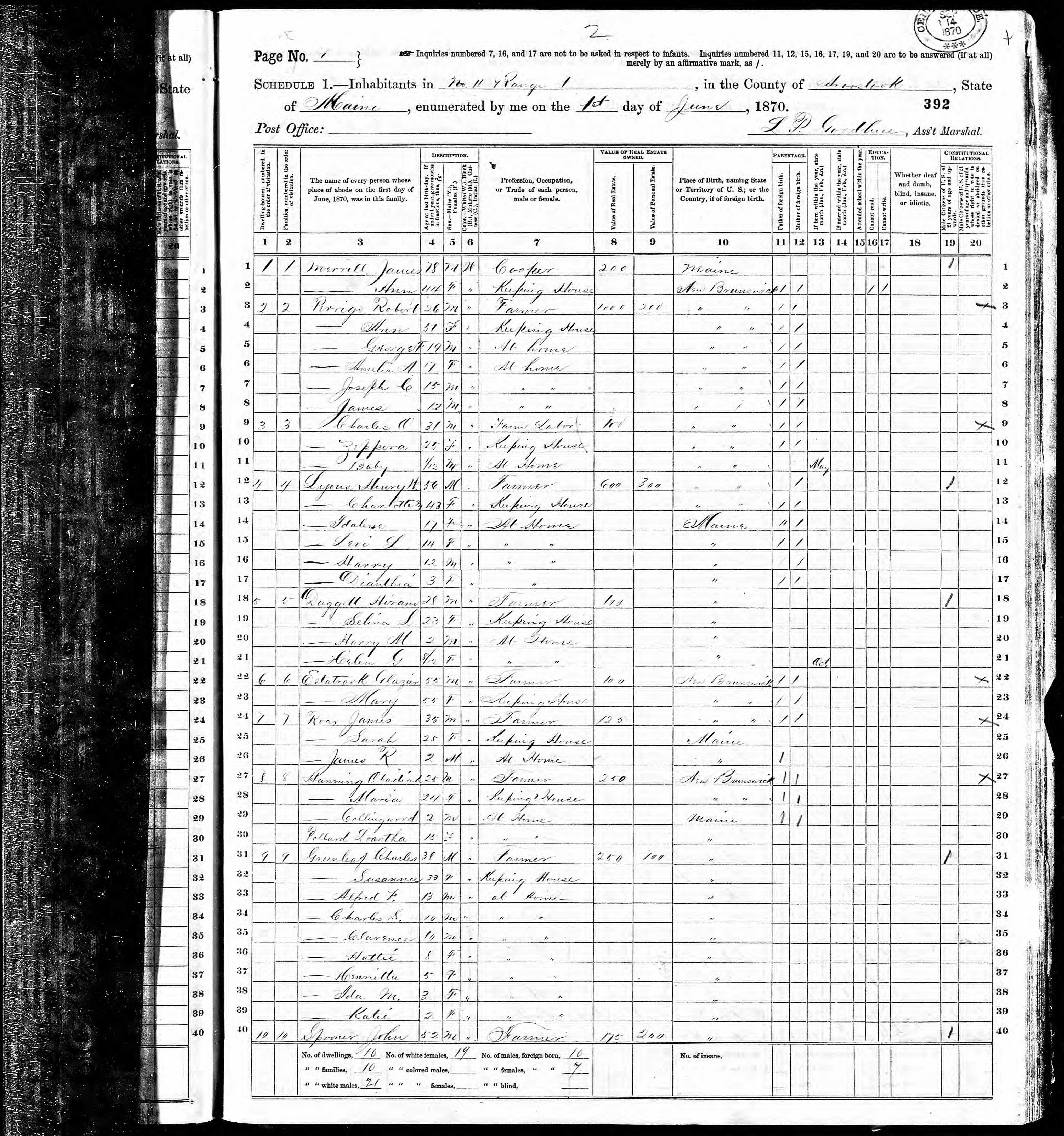 1870 US Census - No. 11, Range 1, Maine