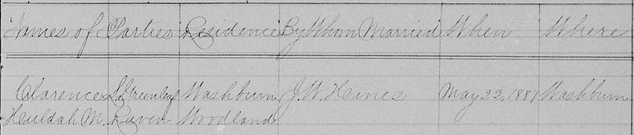 1887 Marriage Record — Clarence Greenleaf and Huldah Raven