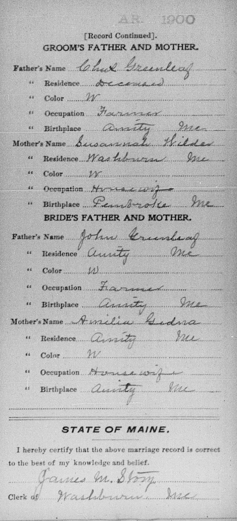 Clarence and Mattie Greenleaf 1900 Marriage Record (back)
