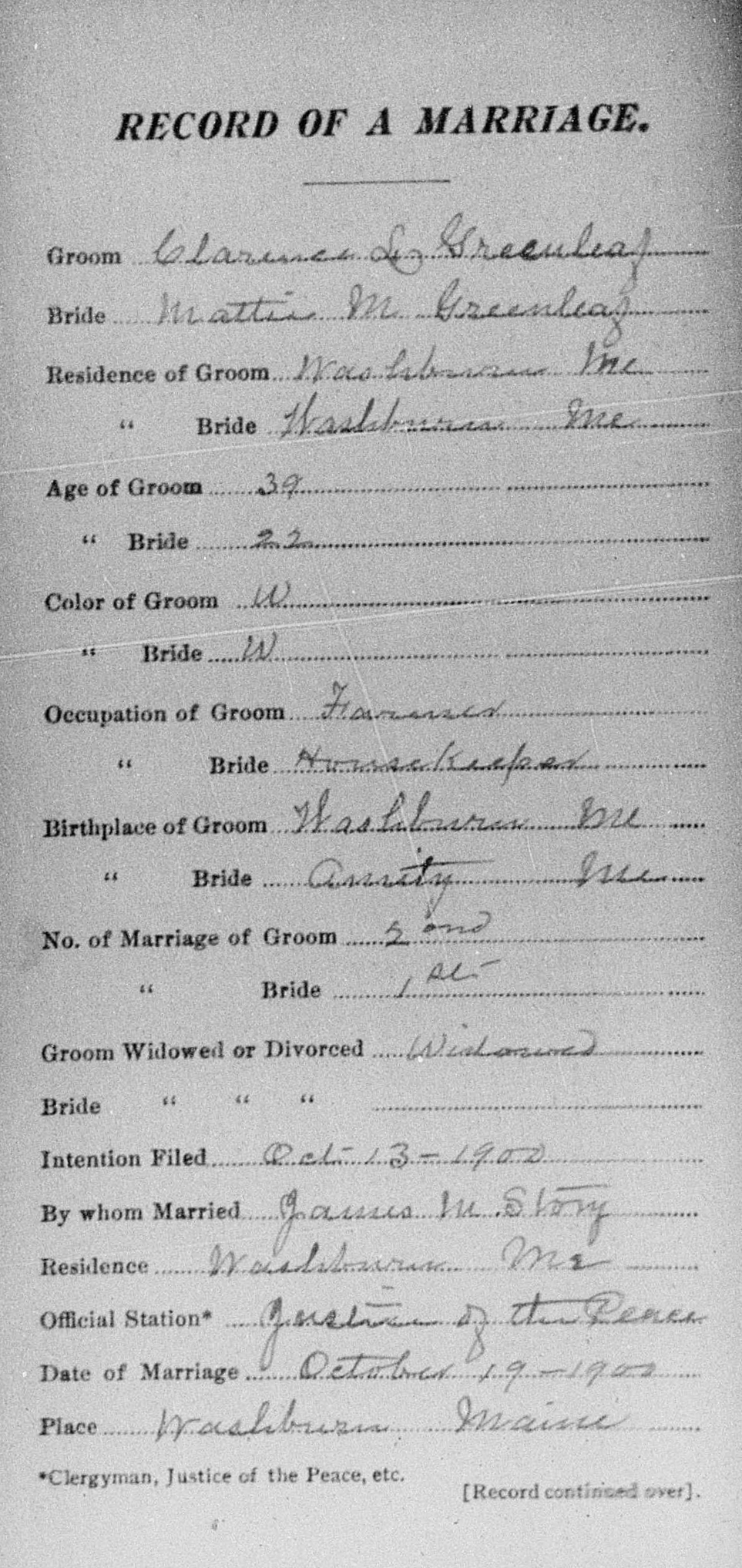 Clarence and Mattie Greenleaf 1900 Marriage Record (front)
