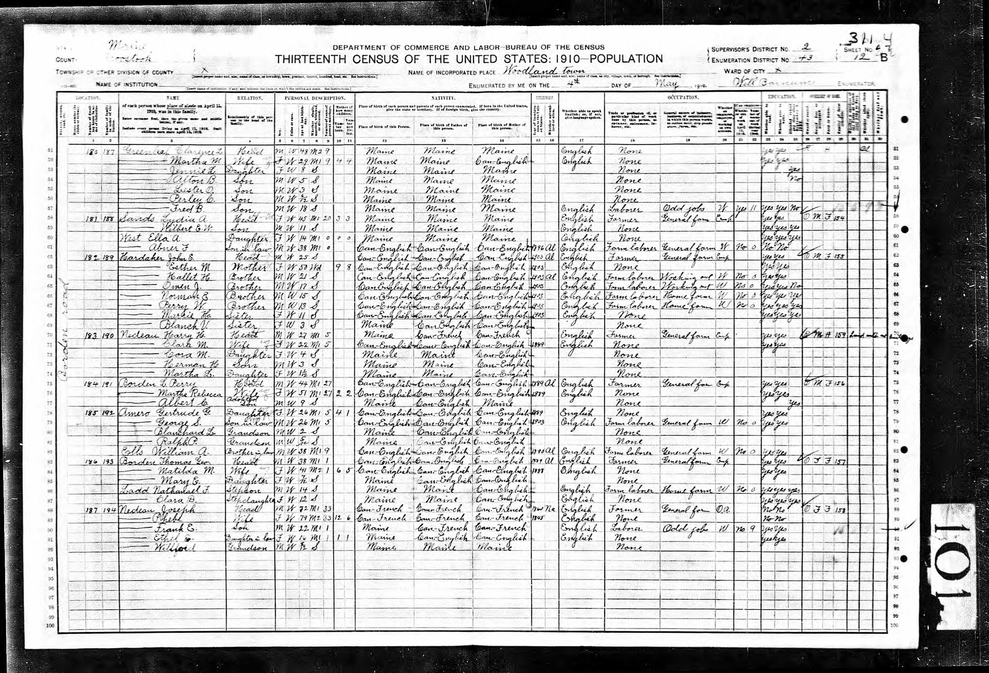 1910 US Census - Woodland, Maine