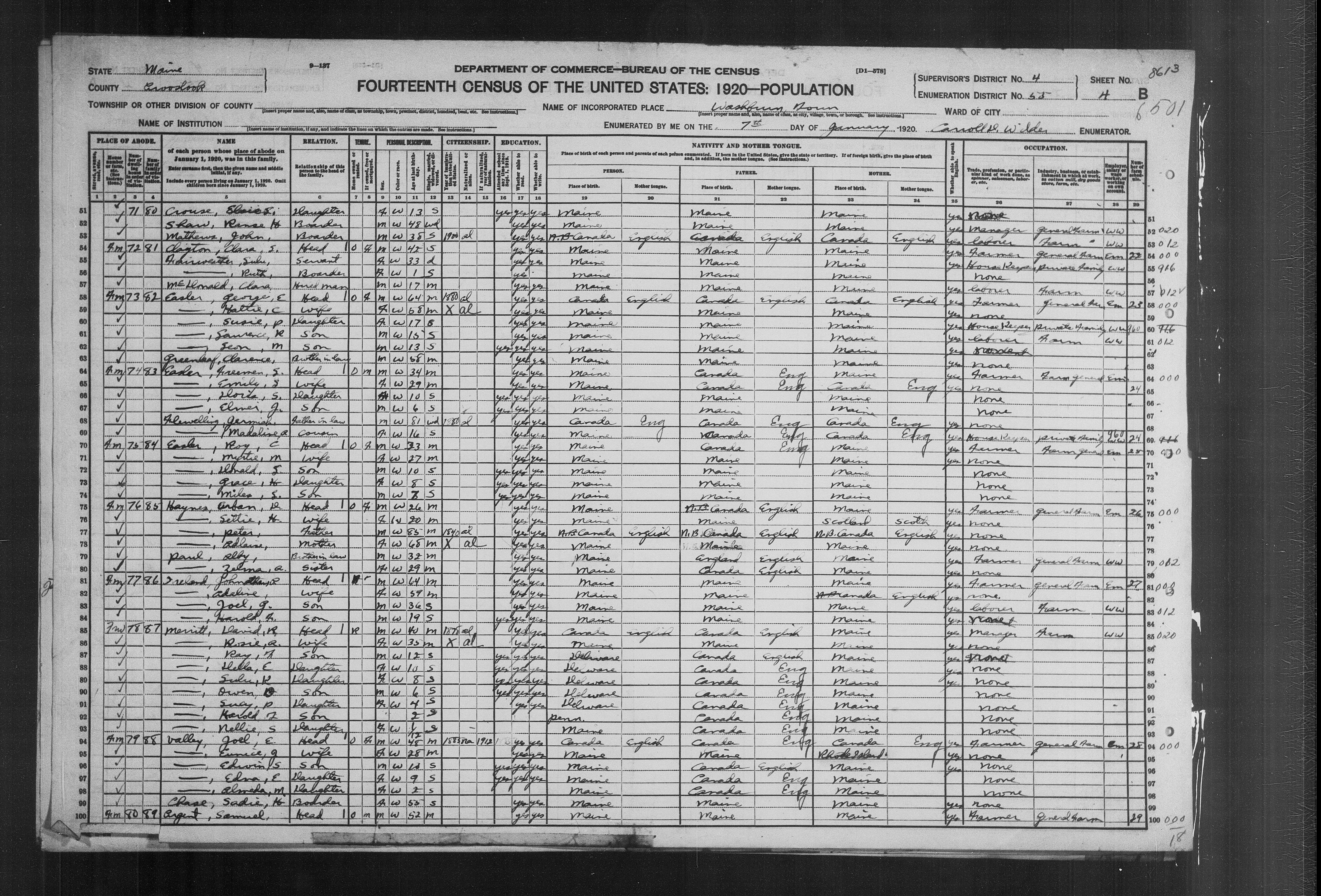 1920 US Census - Washburn, Maine
