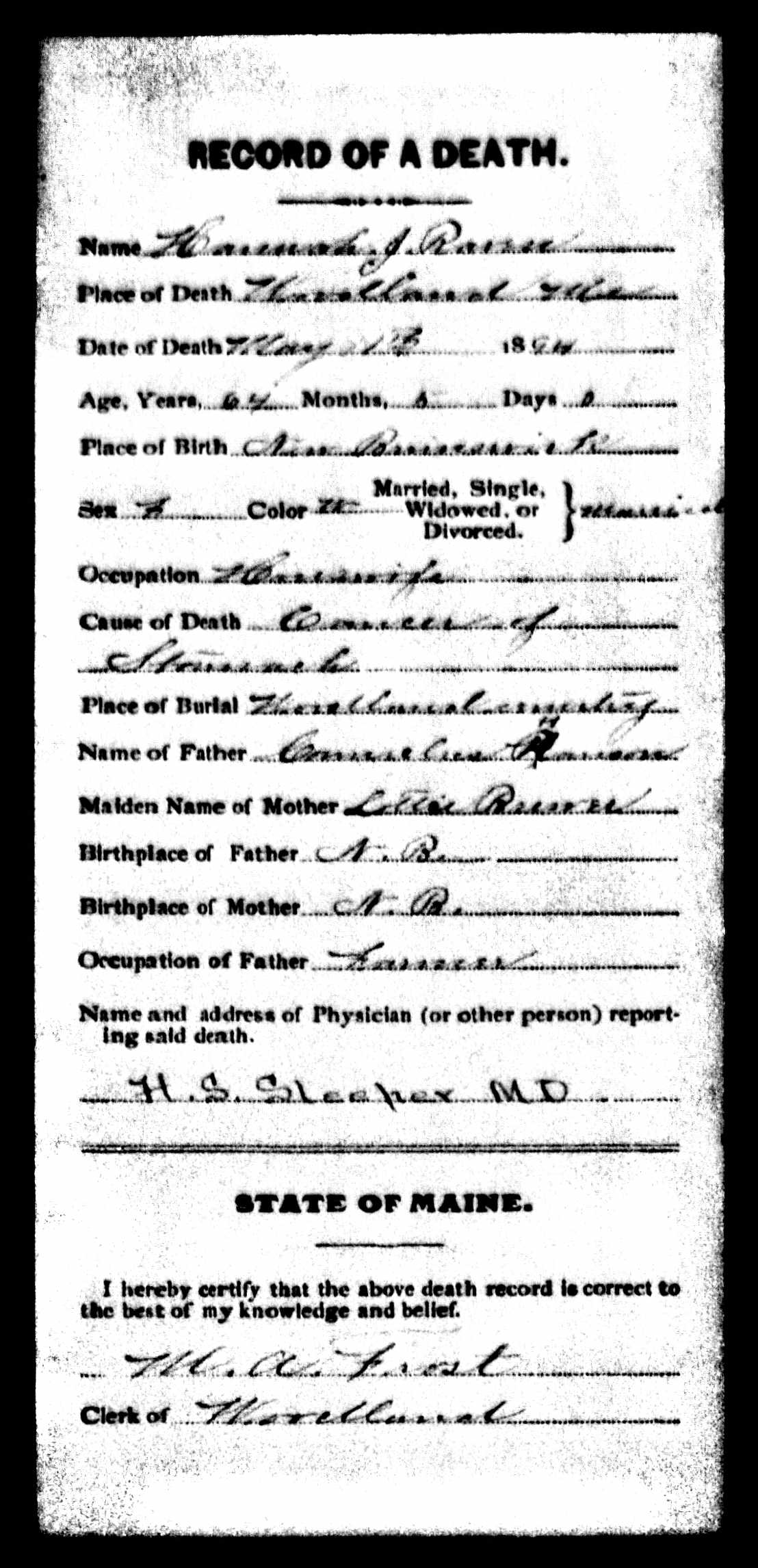 Hannah Jane Hanson death record 1894
