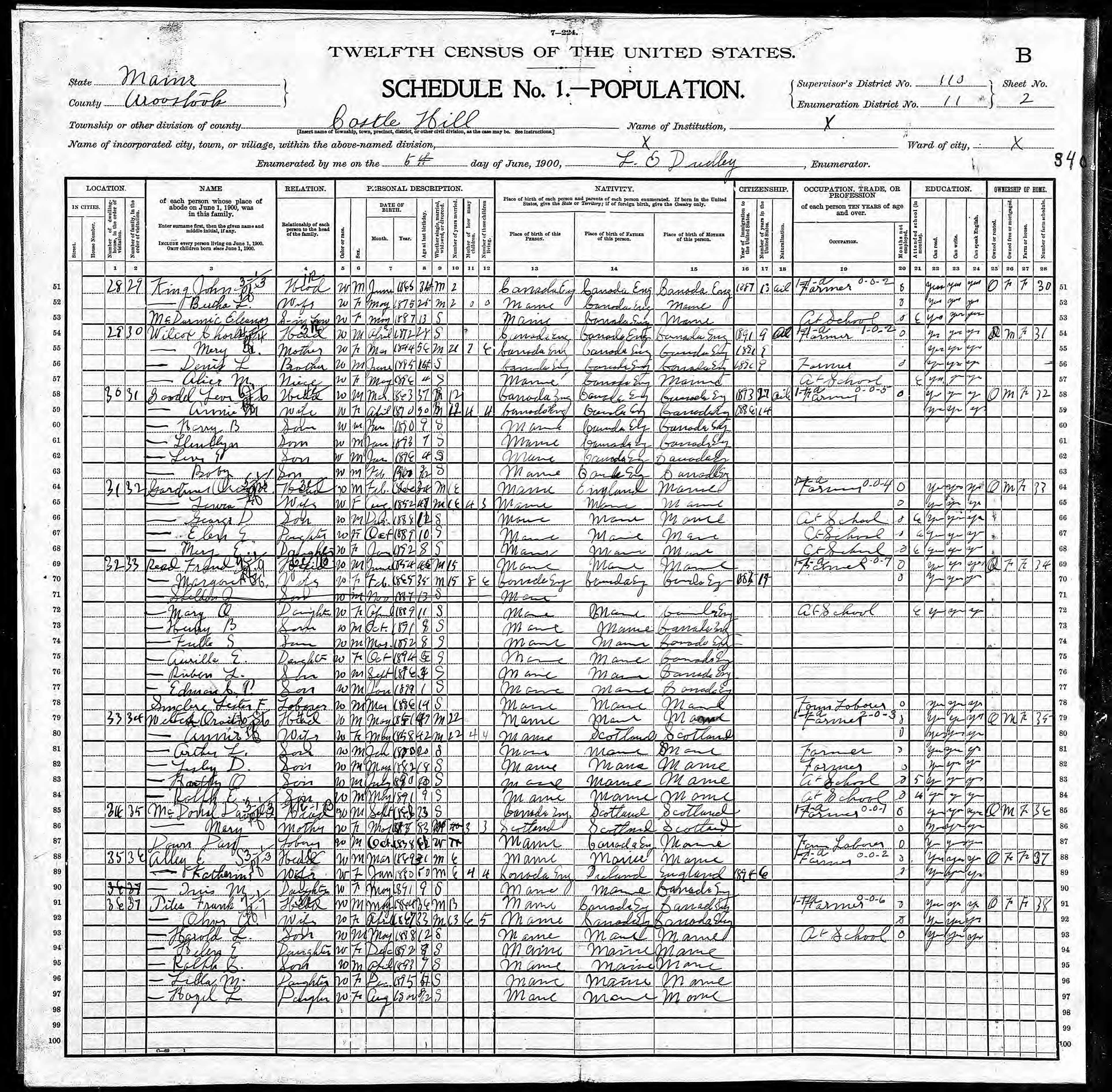 1900 US Census — Castle Hill, Maine 1900 US Census — Castle Hill, Maine