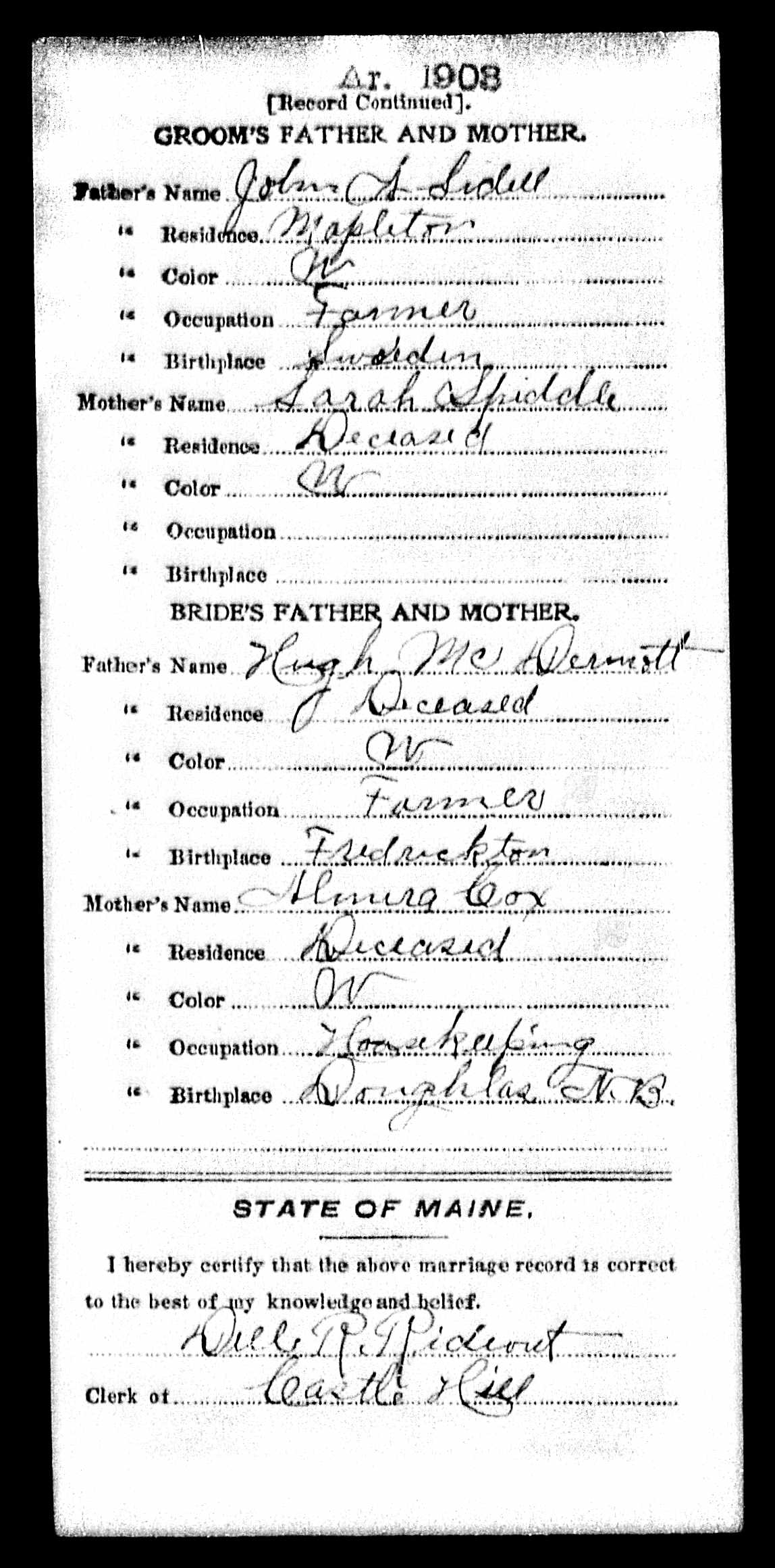 Marriage Record (back) — Charles A. Sidell and Laney McDermott Marriage Record (back) — Charles A. Sidell and Laney McDermott