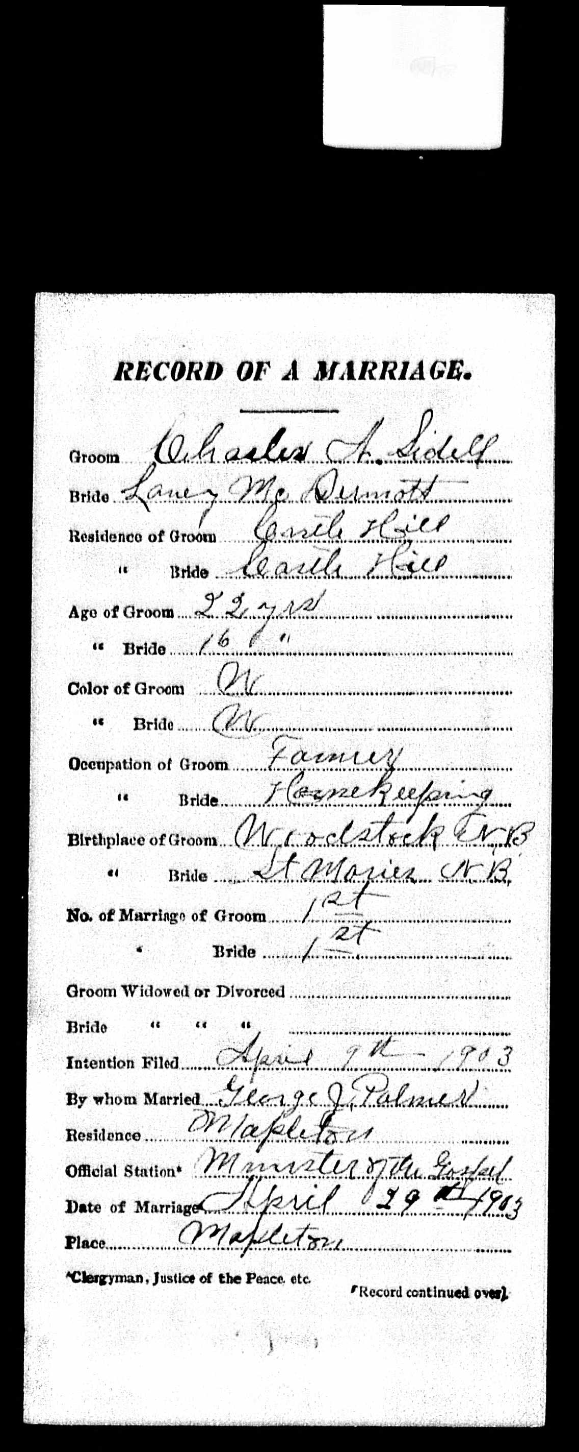 Marriage Record (front) — Charles A. Sidell and Laney McDermott Marriage Record (front) — Charles A. Sidell and Laney McDermott