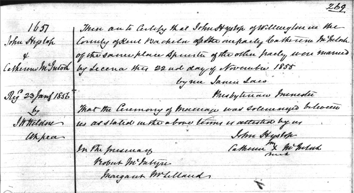 Catherine McIntosh and John Hyslop 1855 Marriage Record