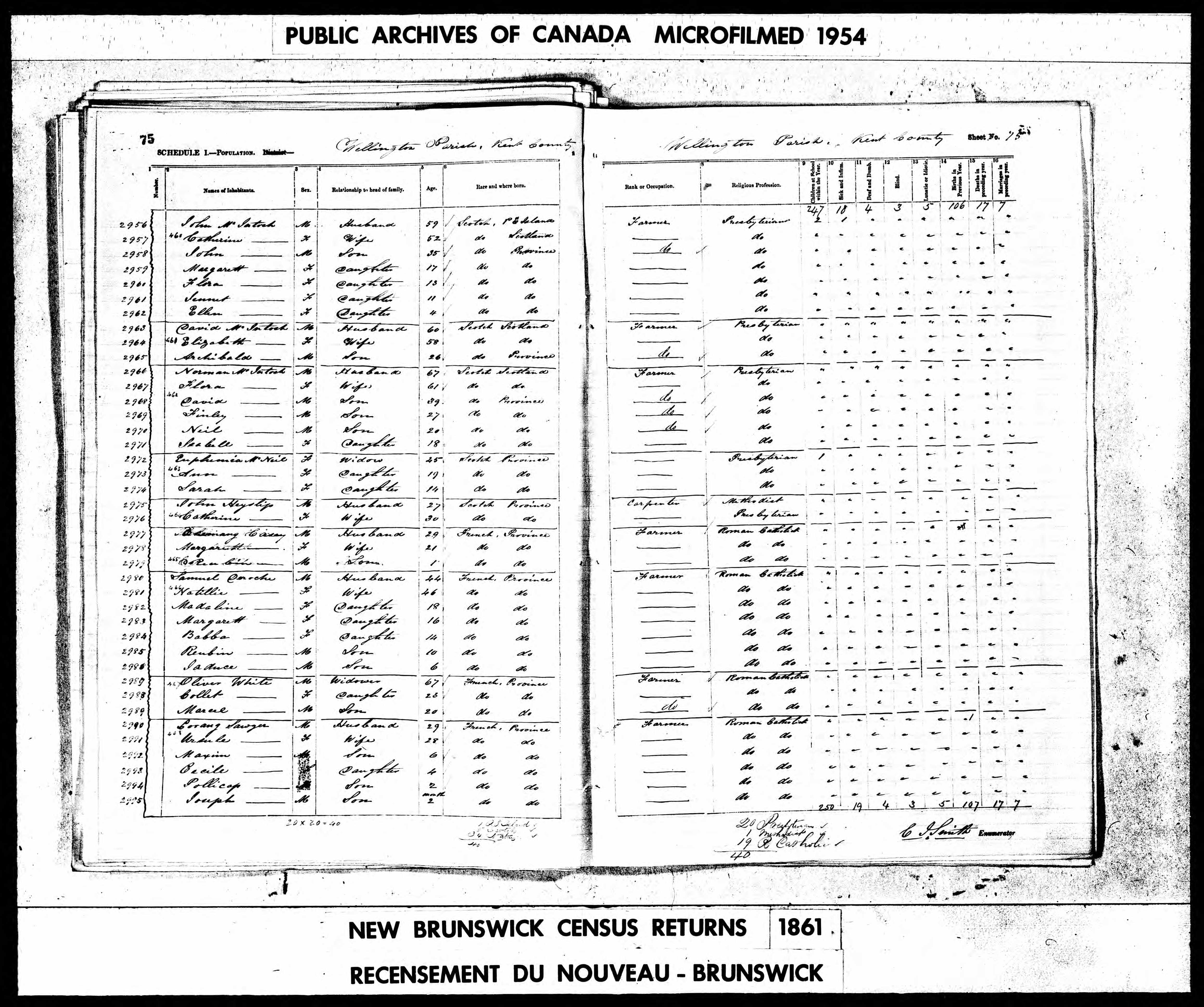 1861 Canada Census - Wellington, New Brunswick
