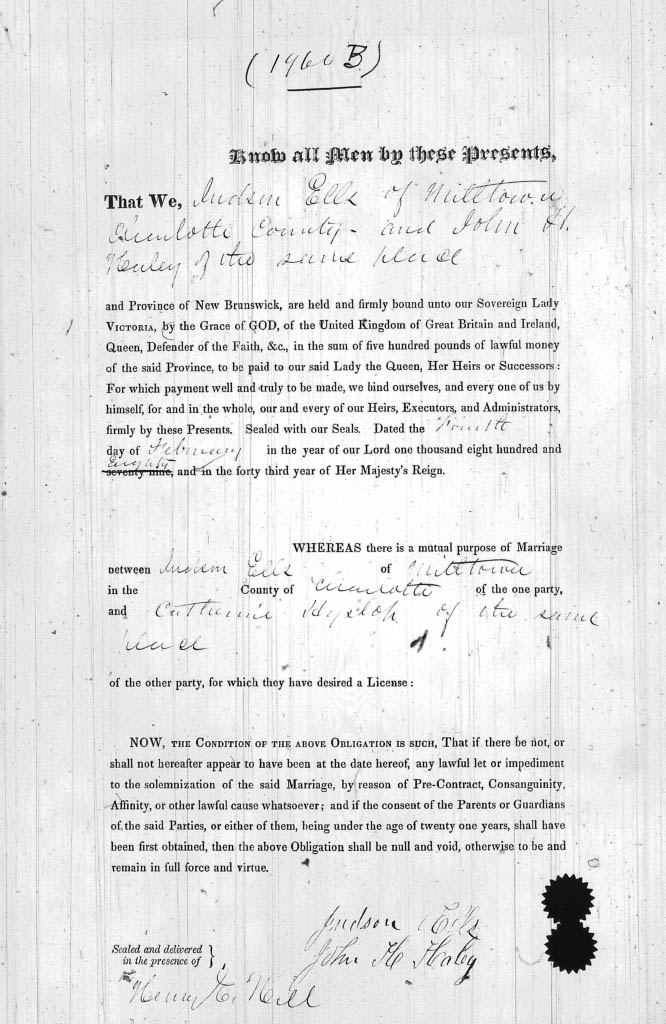 Judson Ells and Catherine Hyslop 1880 Marriage Bond