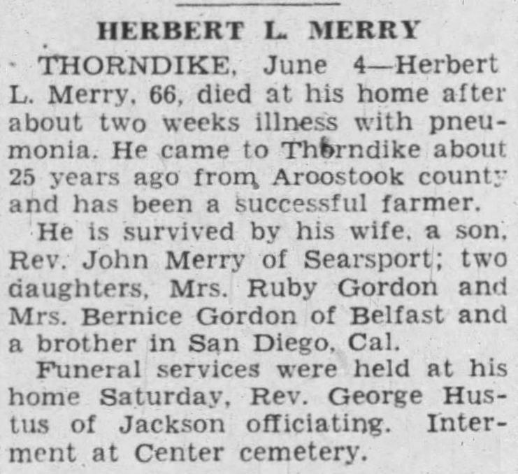 Herbert L. Merry Obituary - 04 Jun 1935 - Bangor Daily News