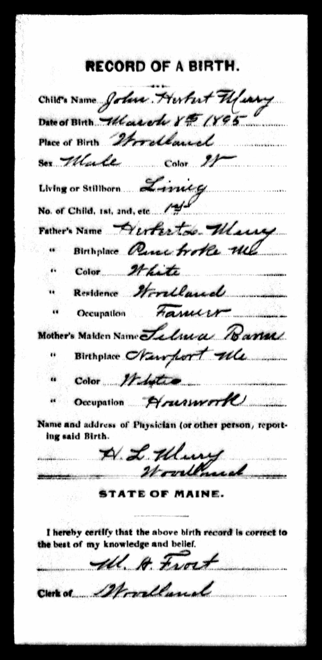 Maine Birth Record — John Herbert Merry Maine Birth Record — John Herbert Merry