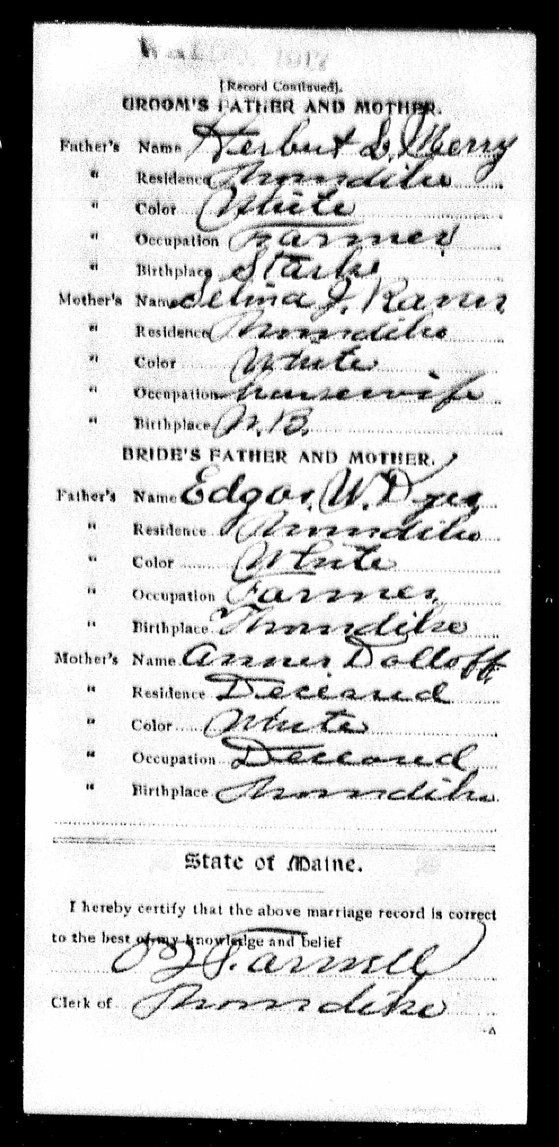 Marriage Record (back) — John H. Merry and Sadie J. Dyer Marriage Record (back) — John H. Merry and Sadie J. Dyer