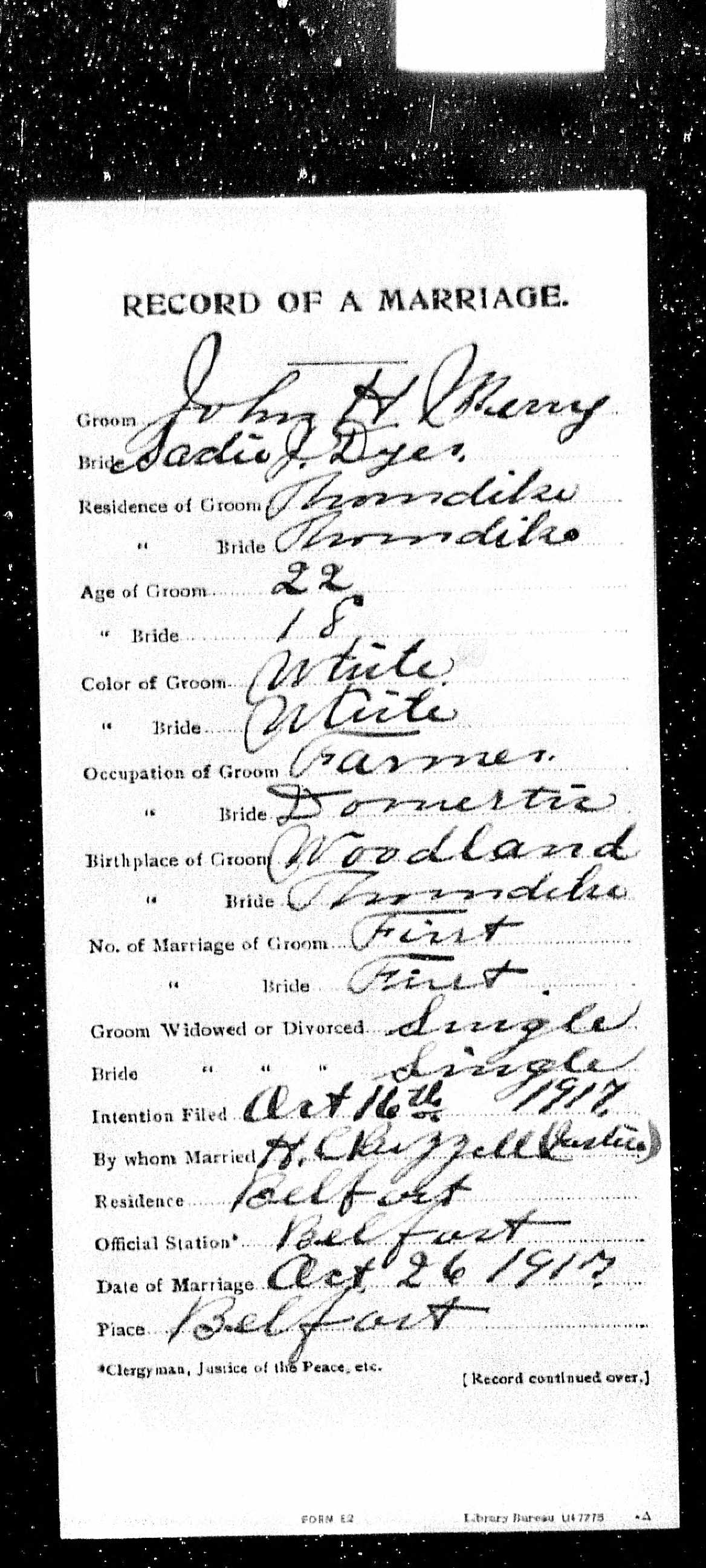 Marriage Record (front) — John H. Merry and Sadie J. Dyer Marriage Record (front) — John H. Merry and Sadie J. Dyer