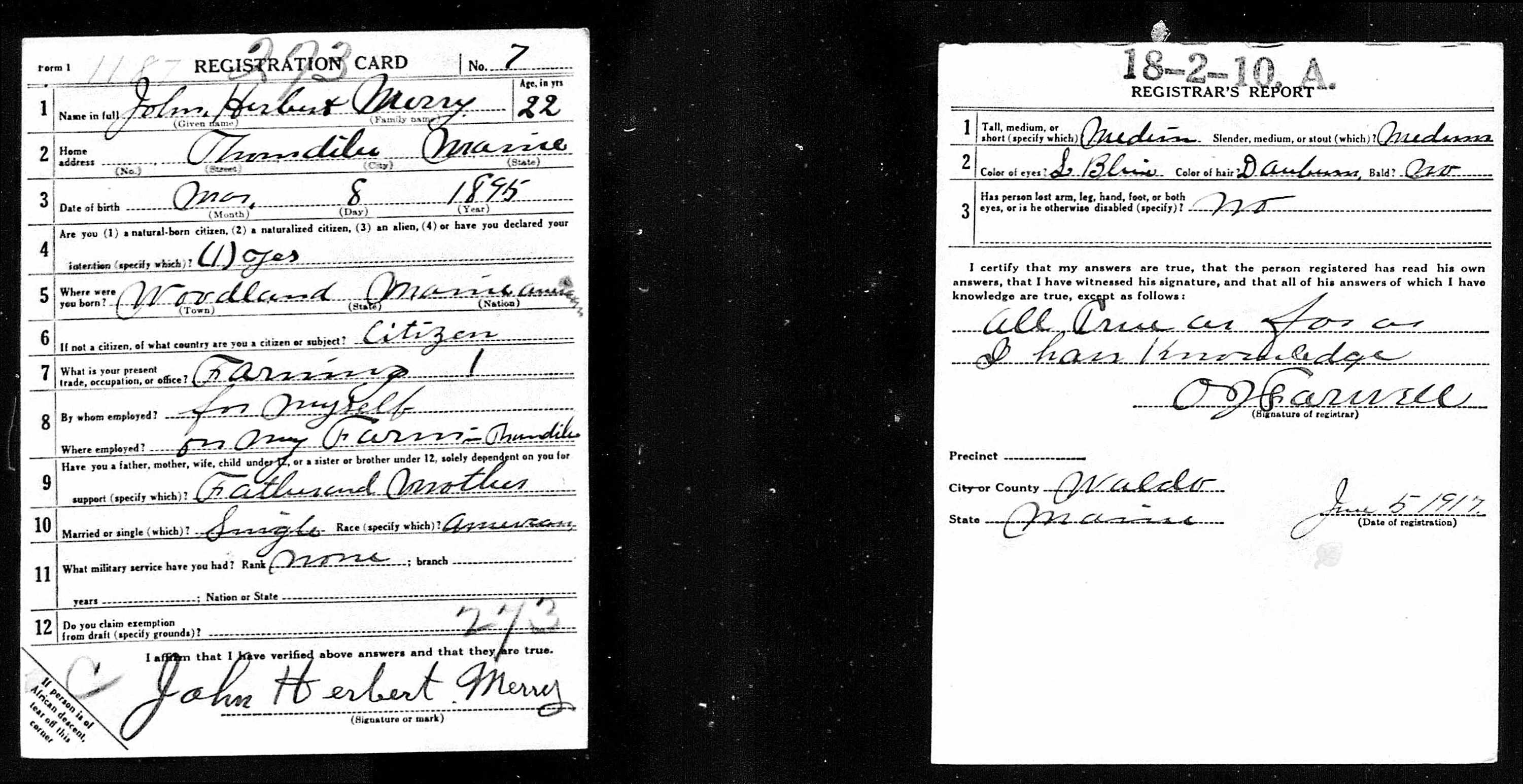 World War I Draft Registration Card — John Herbert Merry World War I Draft Registration Card — John Herbert Merry