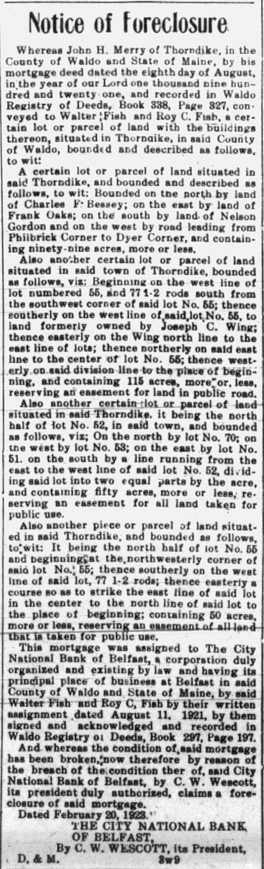 Foreclosure Notice in The Republican Journal , 1 March 1923 Foreclosure Notice in The Republican Journal , 1 March 1923