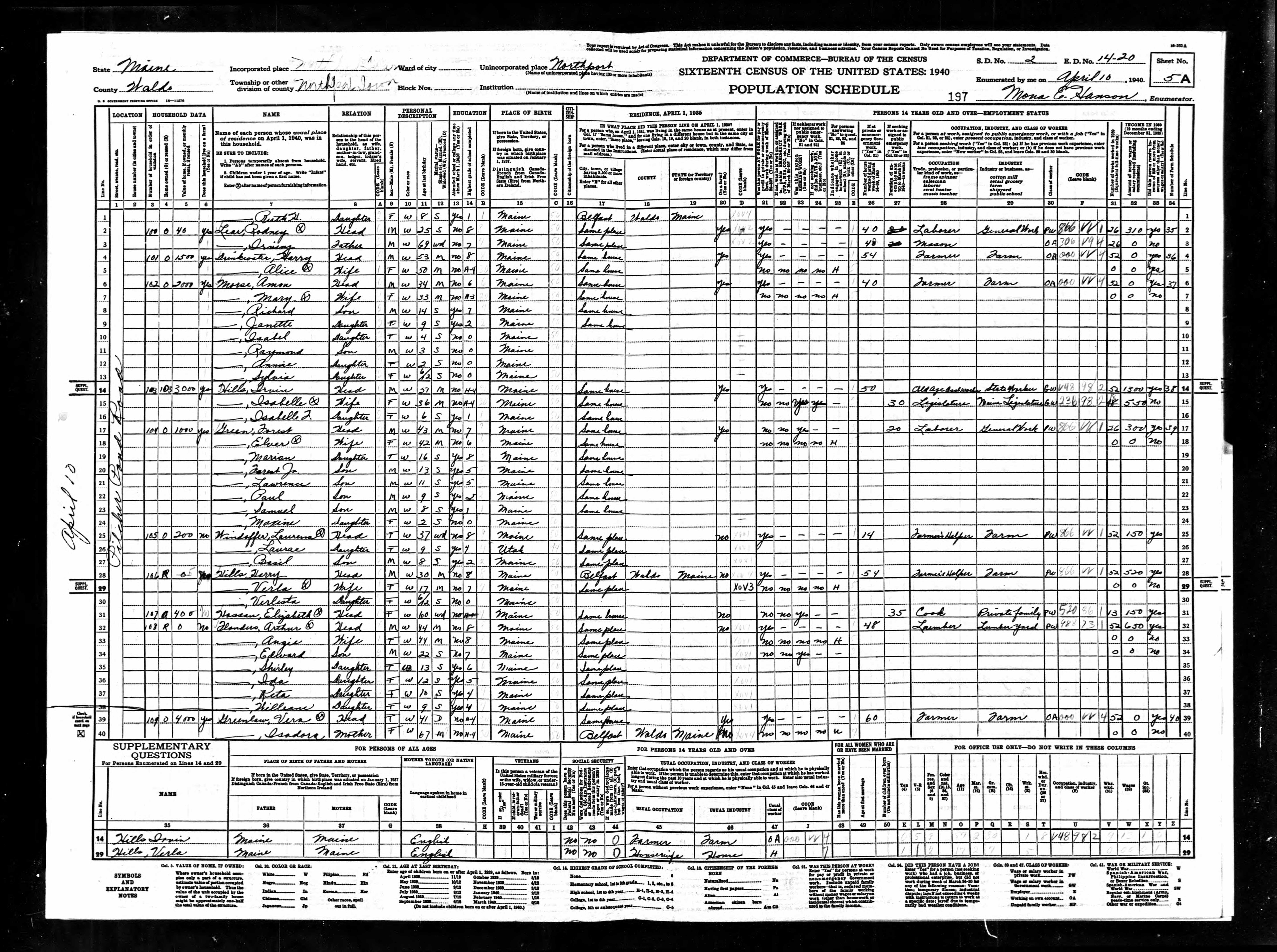 1940 US Census — Northport, Maine (Page 10) 1940 US Census — Northport, Maine (Page 10)