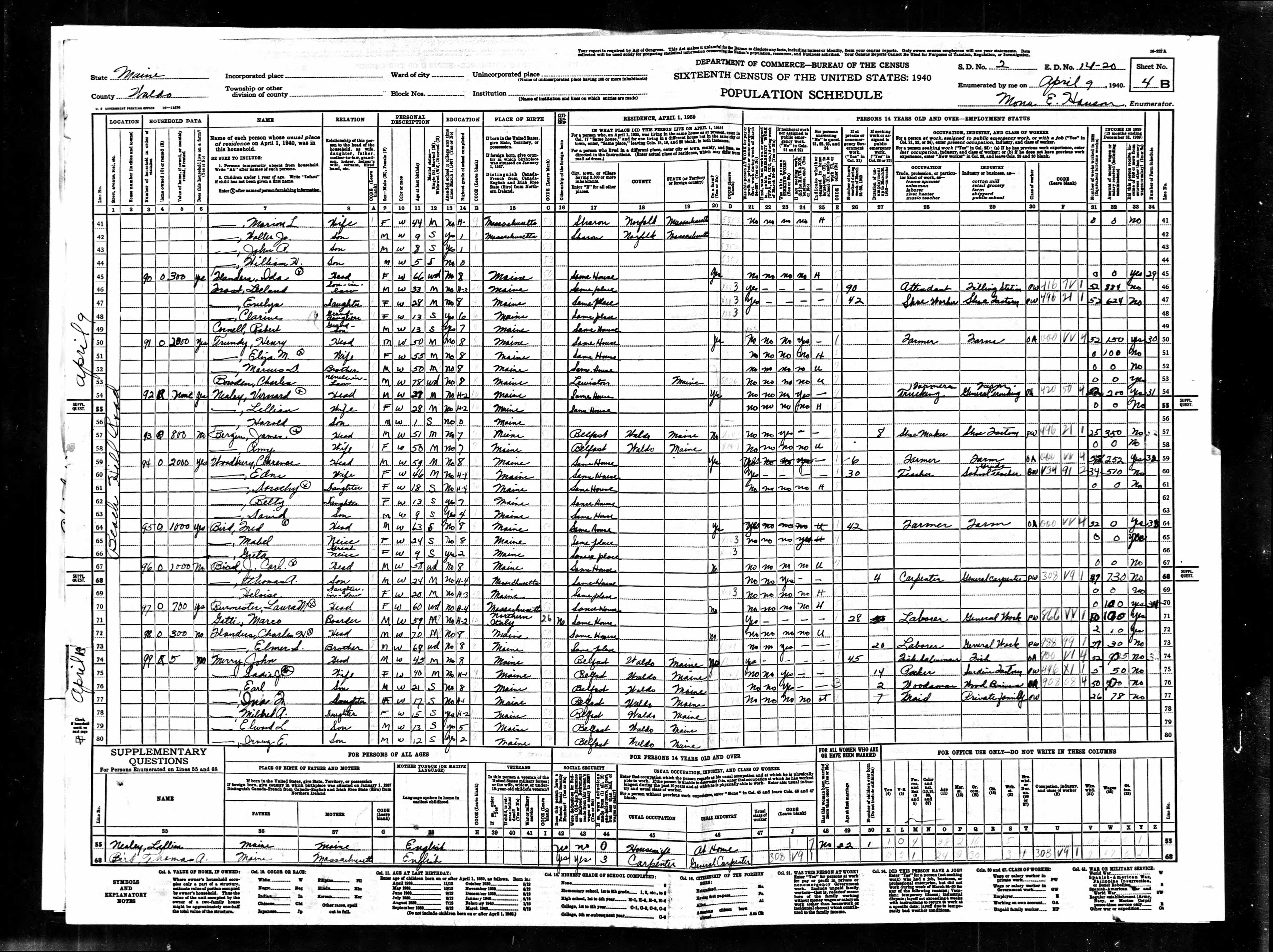 1940 US Census — Northport, Maine (Page 9) 1940 US Census — Northport, Maine (Page 9)