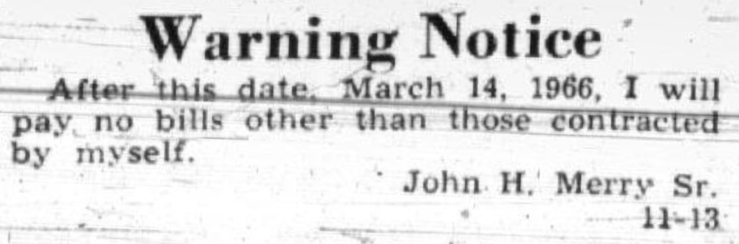Warning Notice from The Republican Journal, 31 March 1966 Warning Notice from The Republican Journal, 31 March 1966