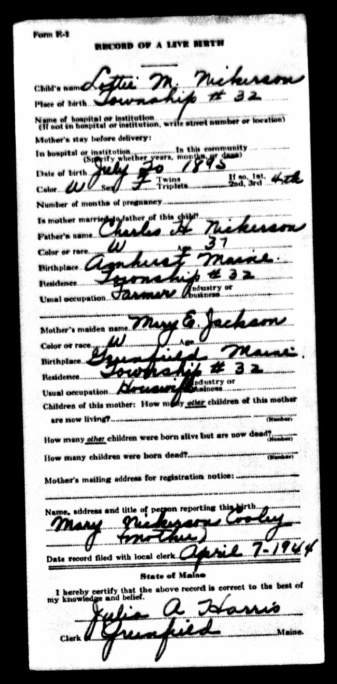 Birth Record — Lottie M. Nickerson Birth Record — Lottie M. Nickerson
