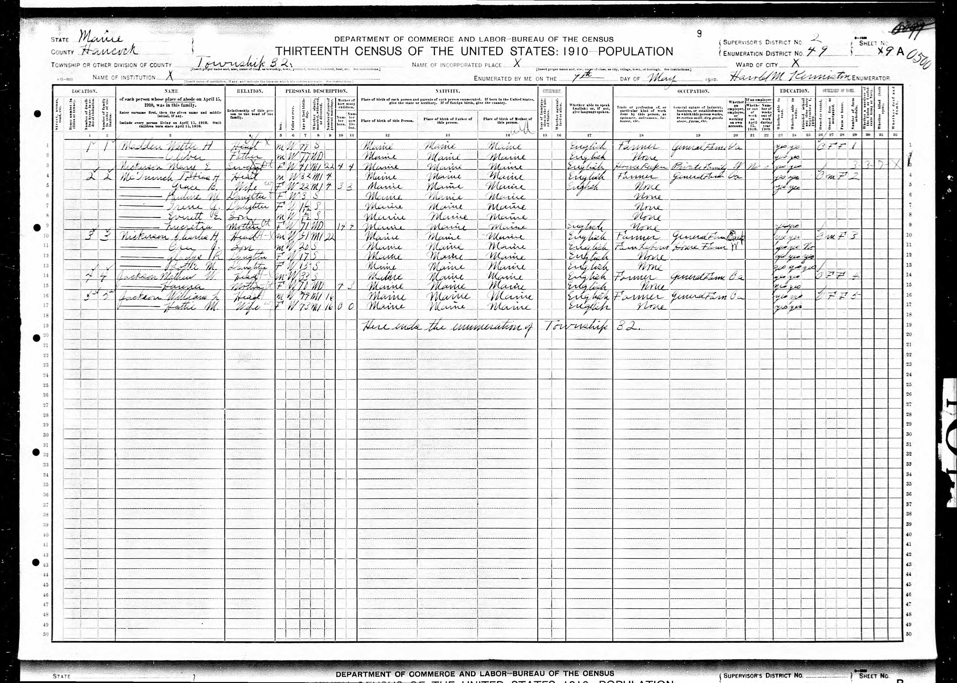 1910 US Census — Township No. 32, Maine 1910 US Census — Township No. 32, Maine