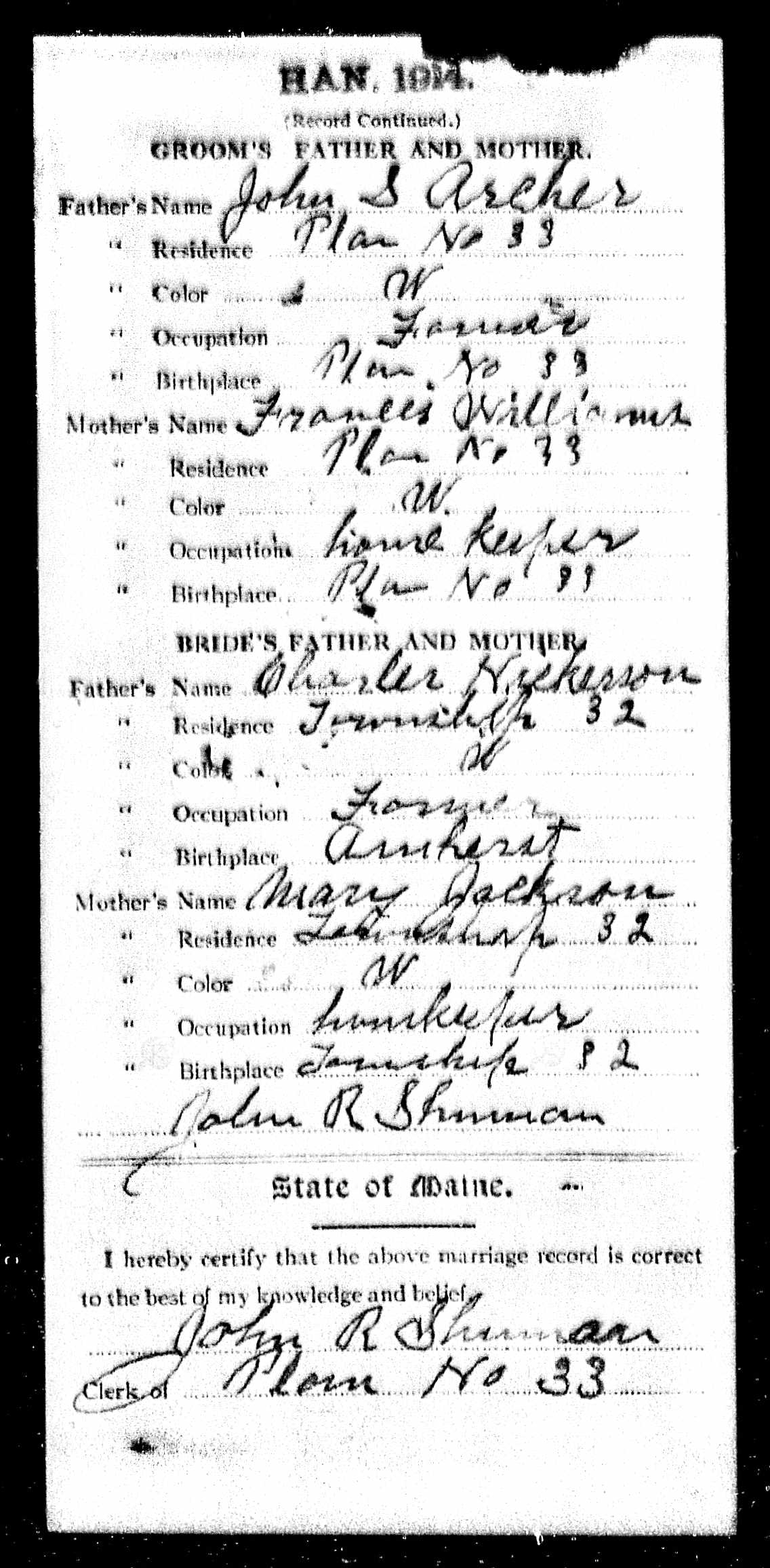 Marriage Record - Harold N. Archer and Lottie Nickerson (back) Marriage Record - Harold N. Archer and Lottie Nickerson (back)