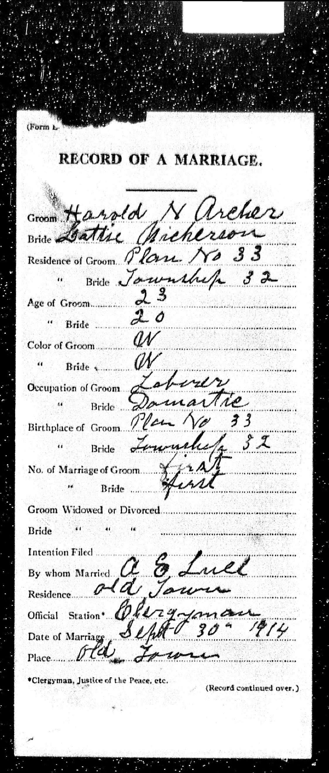 Marriage Record - Harold N. Archer and Lottie Nickerson (front) Marriage Record - Harold N. Archer and Lottie Nickerson (front)